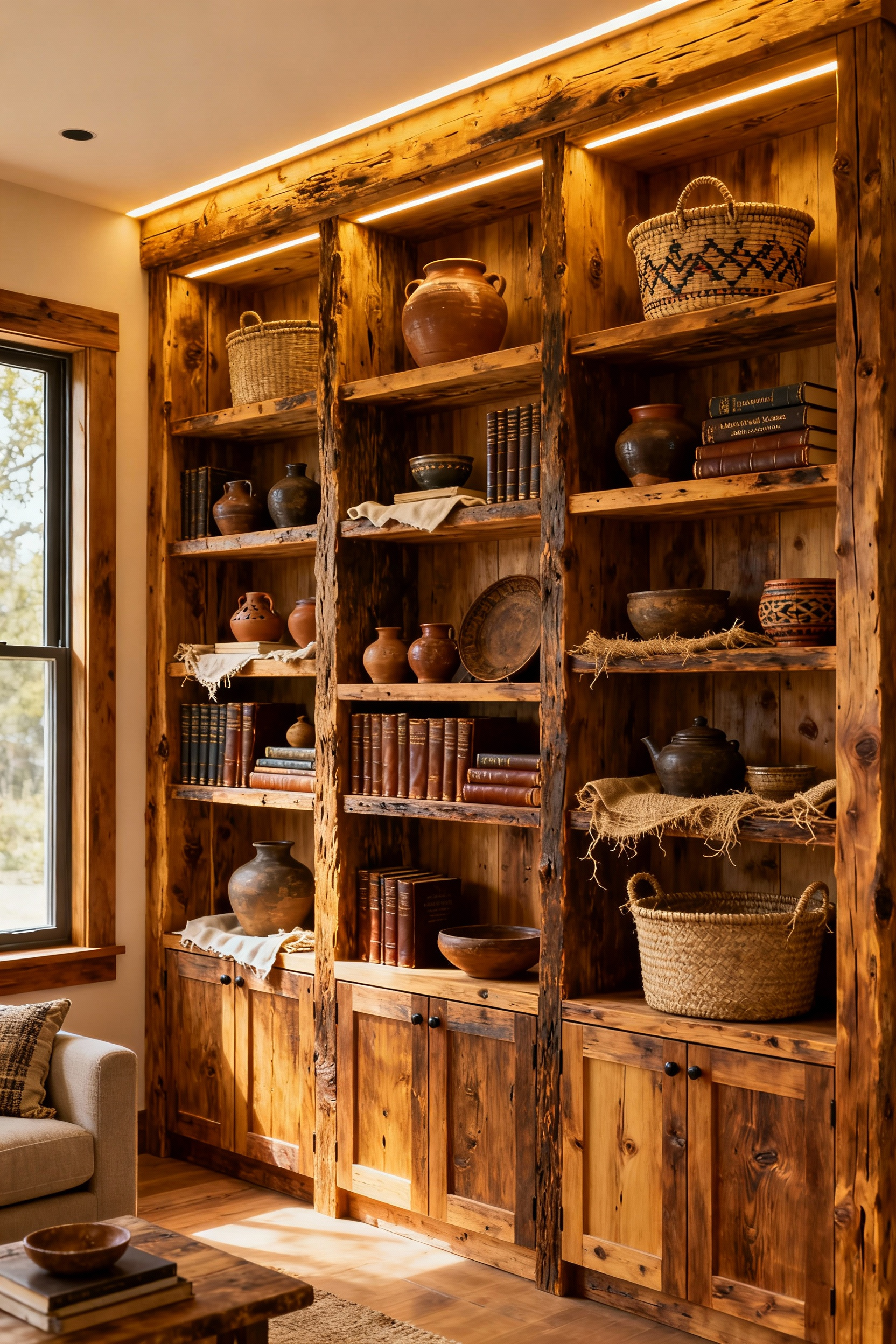 A rustic living room featuring a custom-designed floor-to-ceiling built-in made of reclaimed hemlock wood, displaying pottery, books, and woven baskets with subtle lighting.