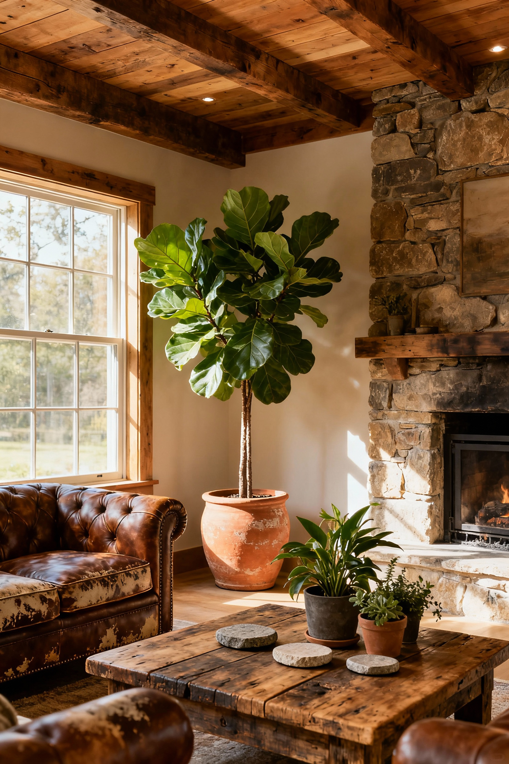 Rustic living room with a large fiddle-leaf fig tree in a terracotta pot, wooden beams, stone fireplace, and natural light showcasing biophilic design.