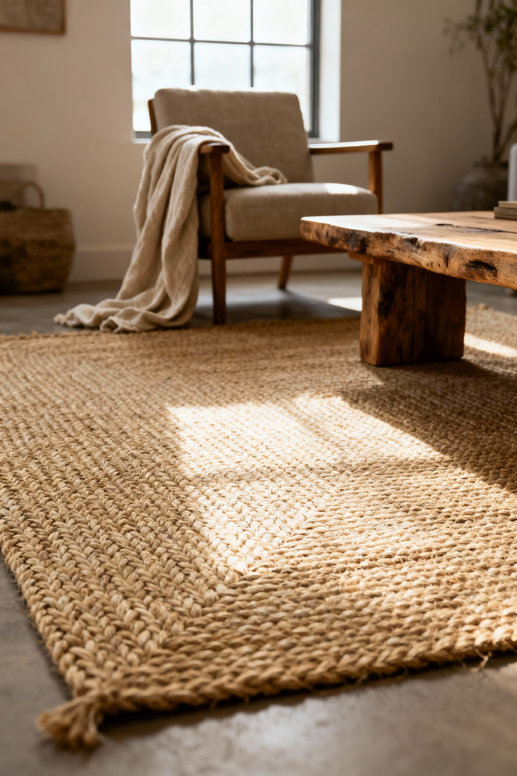 A cozy rustic living room featuring a large, textured jute rug with a soft linen throw on a nearby armchair, showcasing organic natural fiber textures.