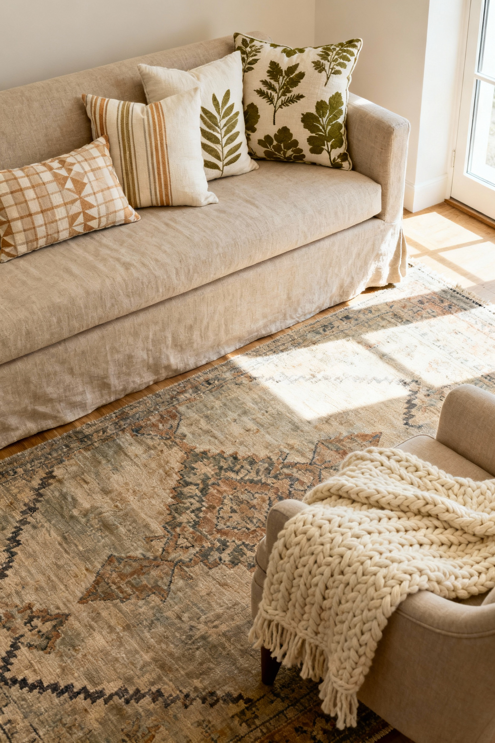 Rustic living room with layered patterned textiles, including an Oushak rug, plaid, striped, and botanical throw pillows, and a chunky knit throw, creating visual depth and warmth.