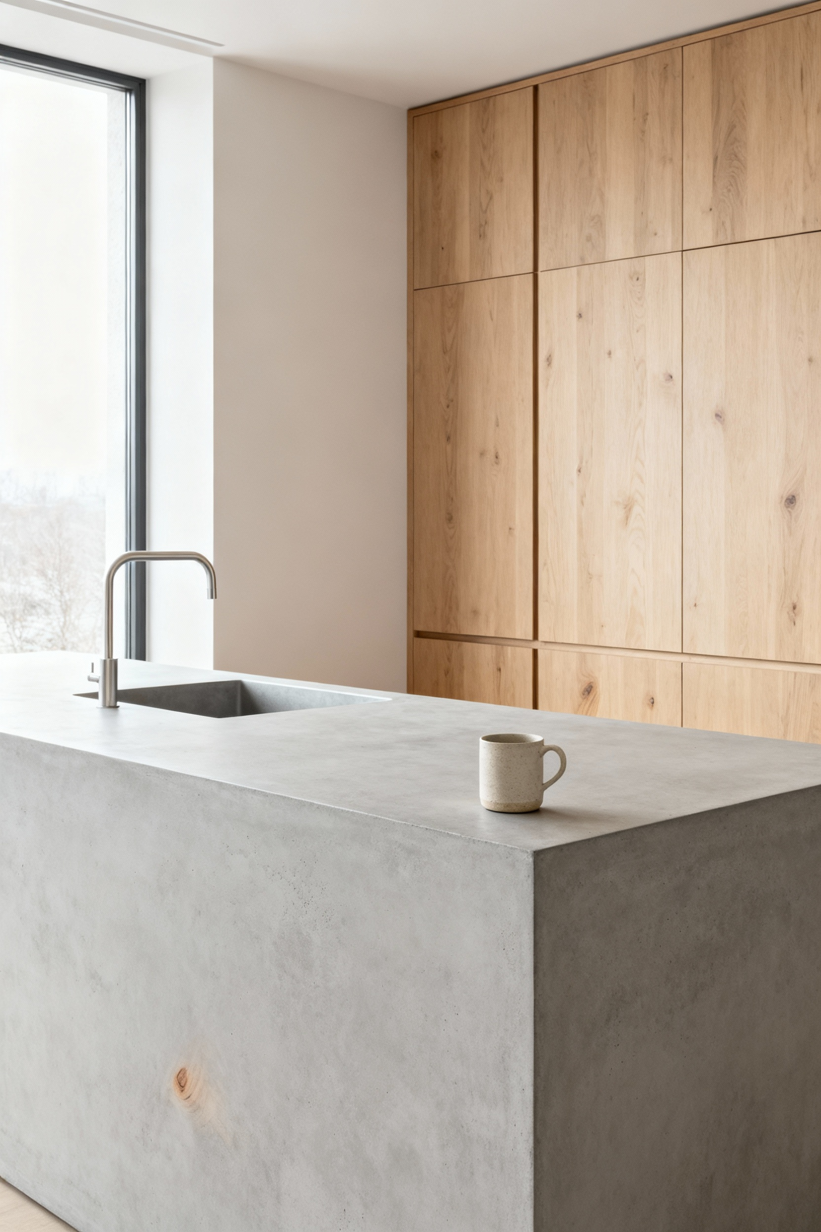 Scandinavian kitchen interior featuring light grey concrete countertop and integrated sink paired with light oak cabinets, bathed in natural light.