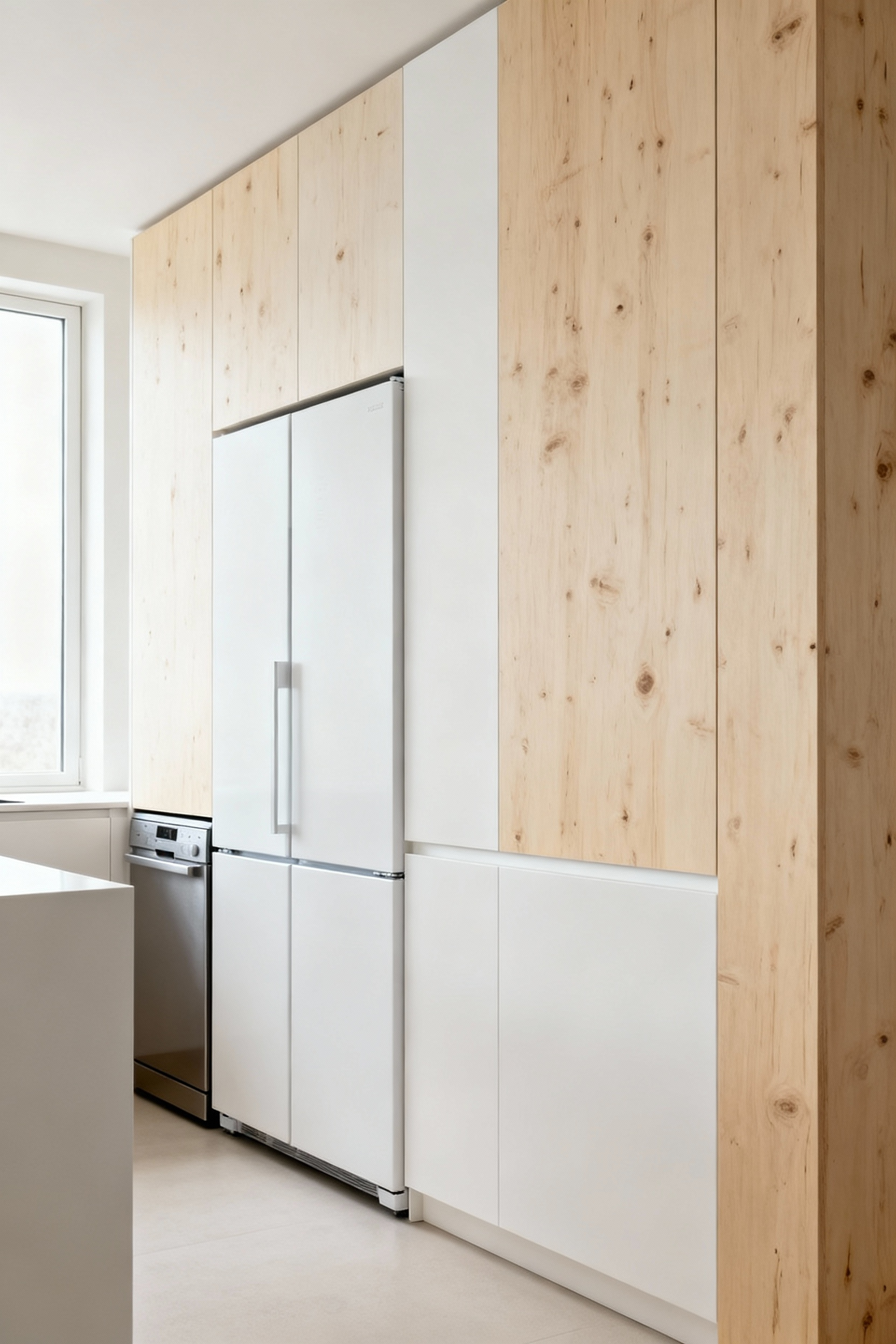 Integrated refrigerator and dishwasher concealed behind custom light-toned wood cabinetry in a modern Scandinavian kitchen, showcasing seamless design and aesthetic continuity.