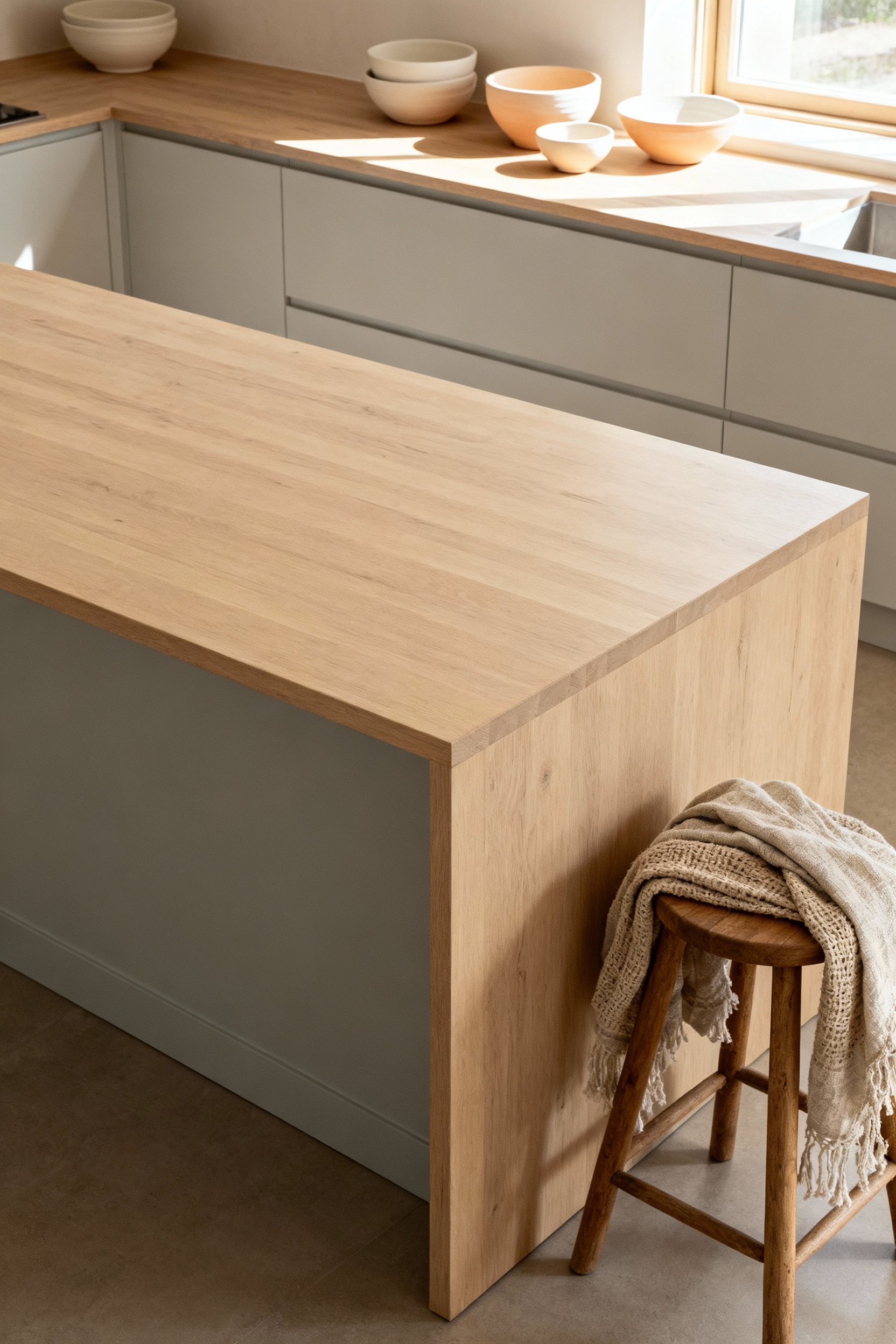 Scandinavian kitchen with muted earthen and neutral color palette, featuring a light oak island, soft grey cabinets, ceramic decor, and a linen textile under natural light.