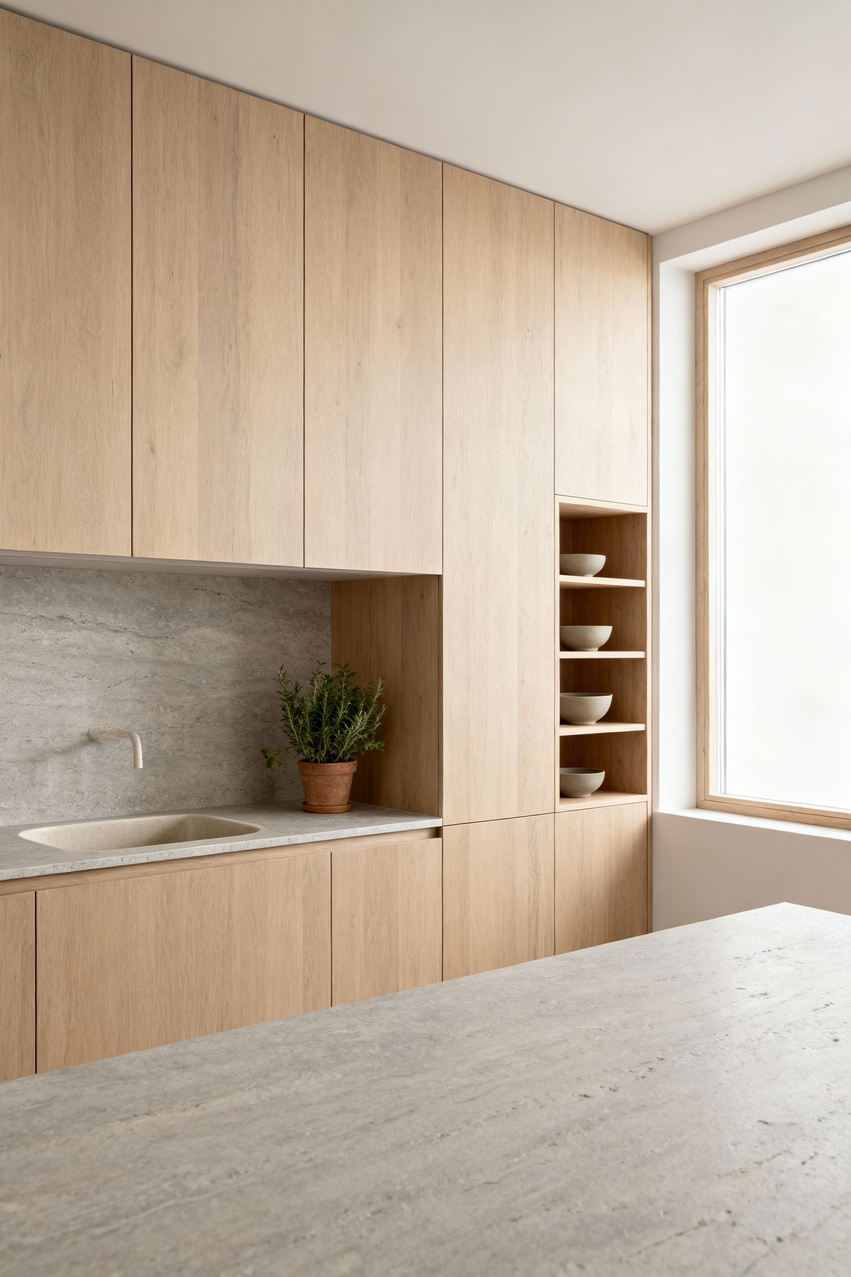 Scandinavian kitchen with ash wood cabinetry, honed grey stone countertop, embodying Lagom philosophy, natural light and clean lines.