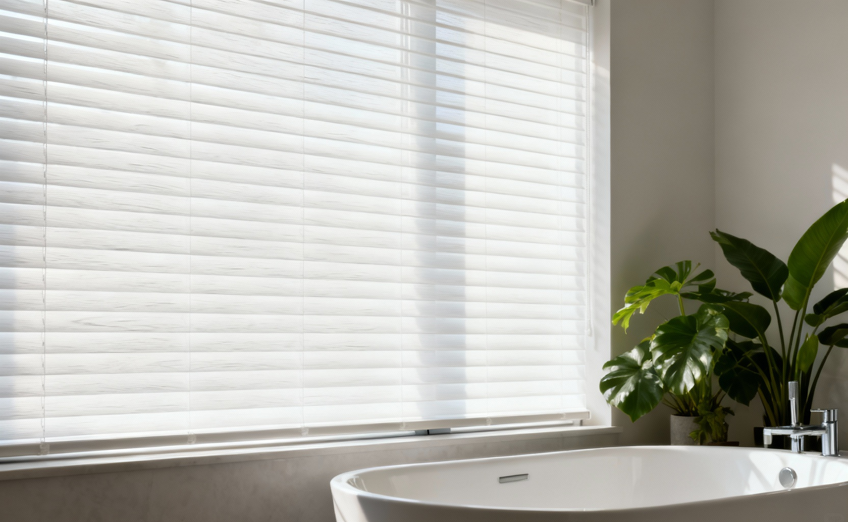 Elegant bathroom window with white faux wood blinds, emphasizing moisture-resistant materials for a serene, spa-like environment.