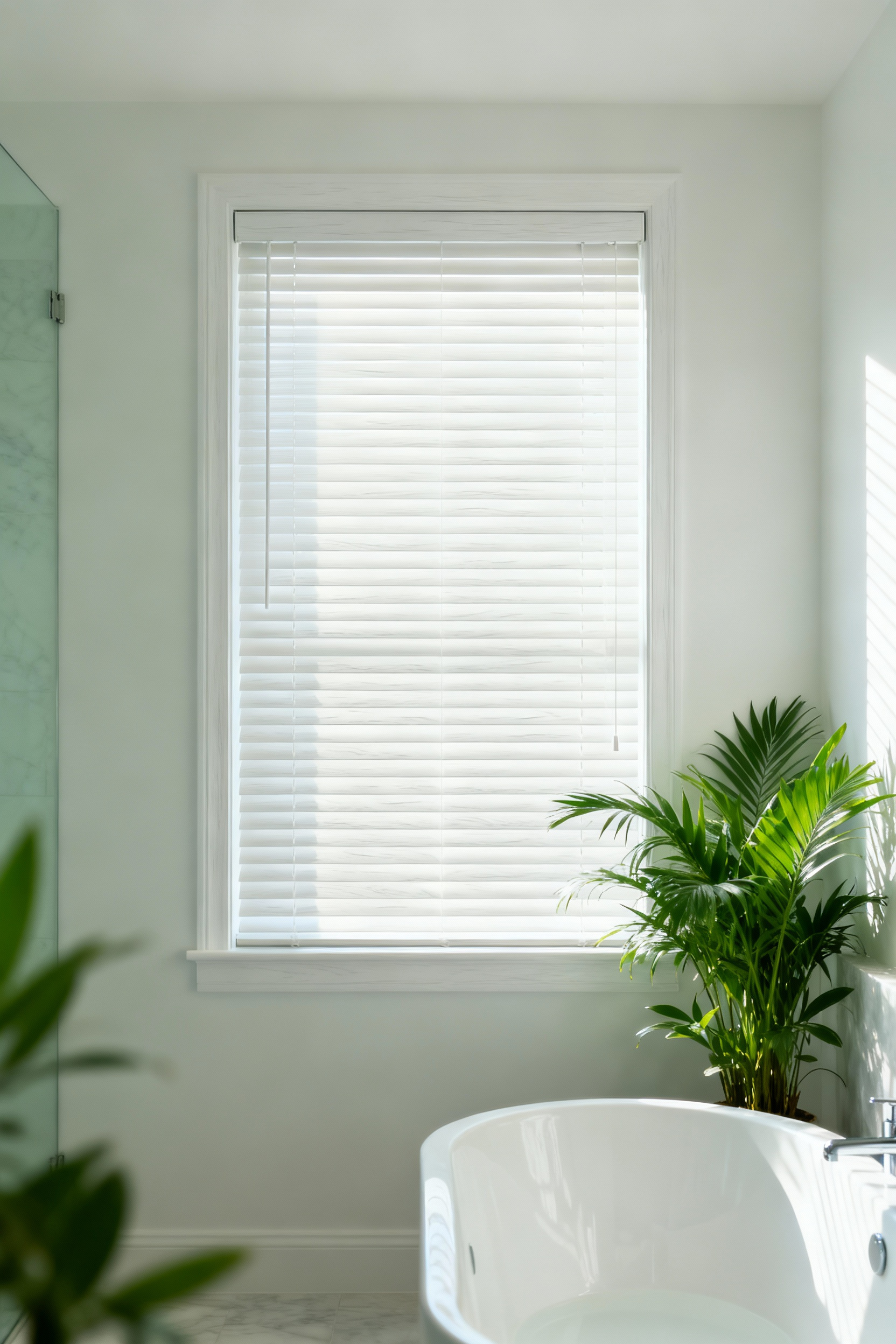 Elegant bathroom window with white faux wood blinds, emphasizing moisture-resistant materials for a serene, spa-like environment.