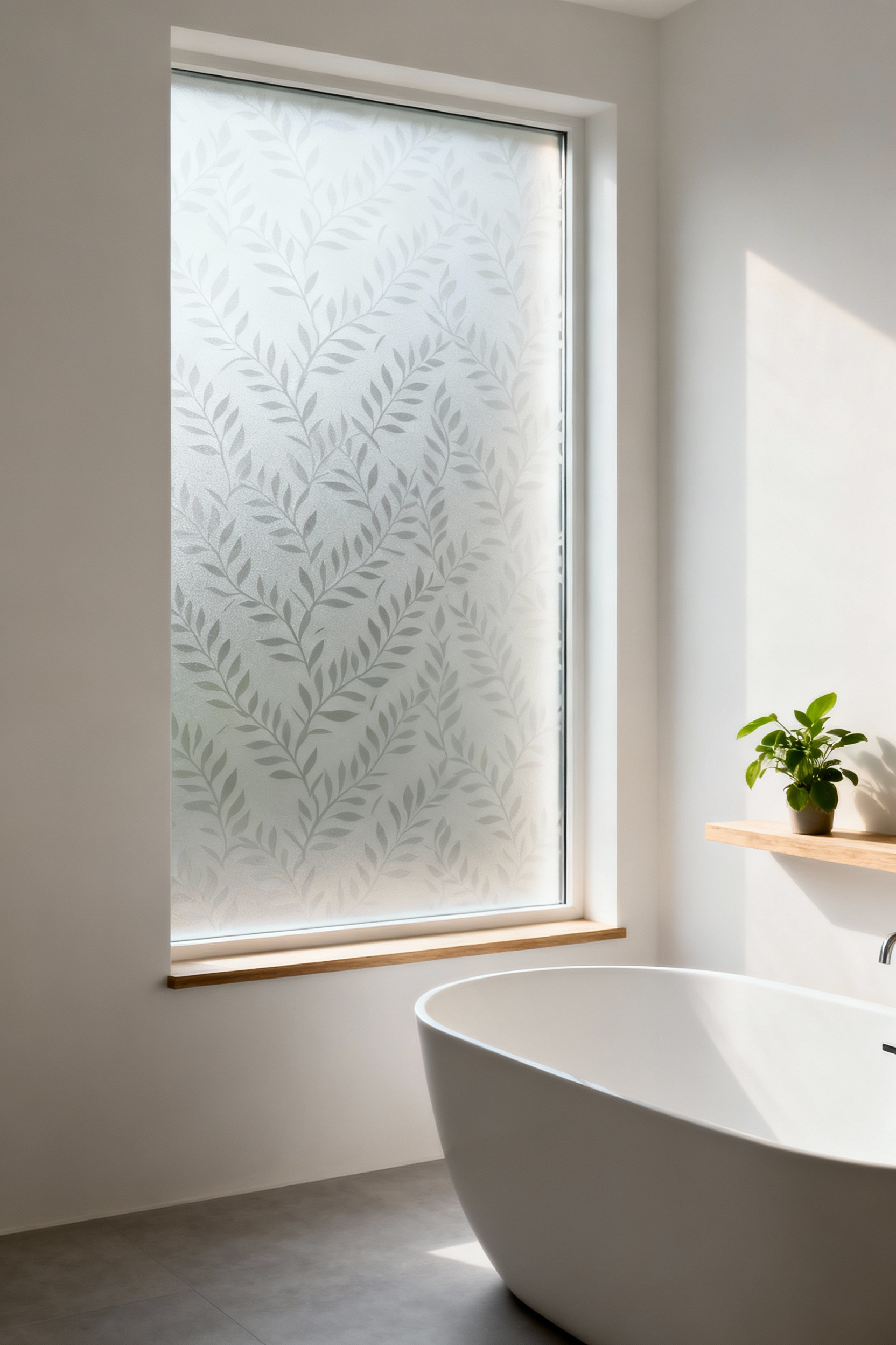 Modern bathroom window with elegant frosted glass film providing privacy and diffused natural light, enhancing serenity and a spa-like atmosphere.