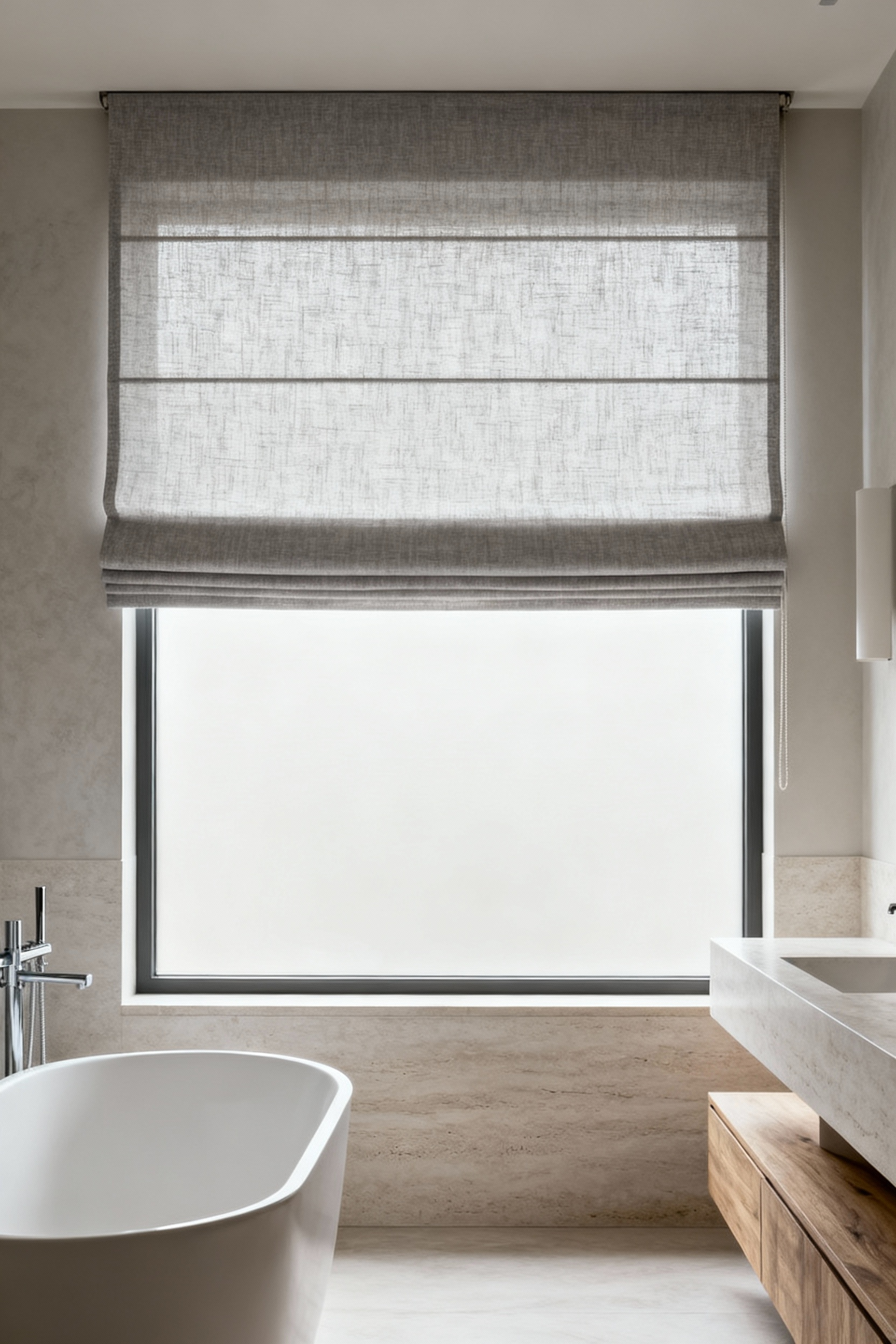 Customized Roman shades in a luxurious and serene bathroom, showcasing tailored elegance and a refined fabric texture with perfect light control for a spa-like ambiance.