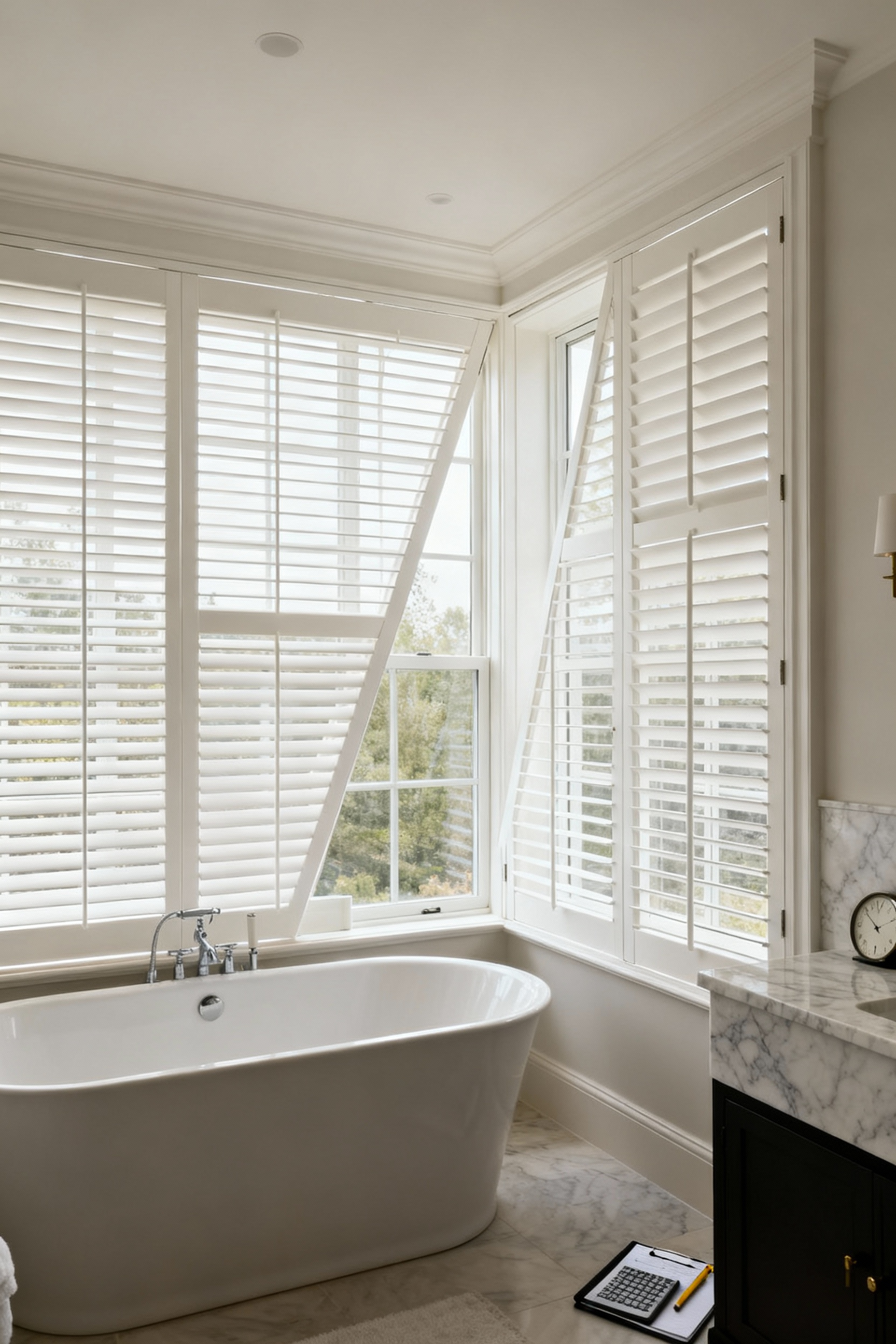 Luxurious spa-like bathroom with large windows fitted with elegant white custom interior shutters, providing serene privacy and filtering soft natural light.