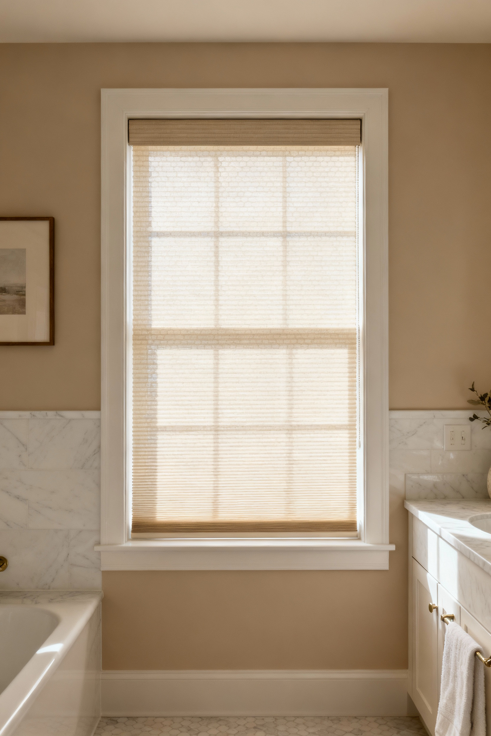 Modern bathroom window featuring elegant insulating cellular shades with a visible honeycomb structure, symbolizing thermal regulation and energy efficiency.