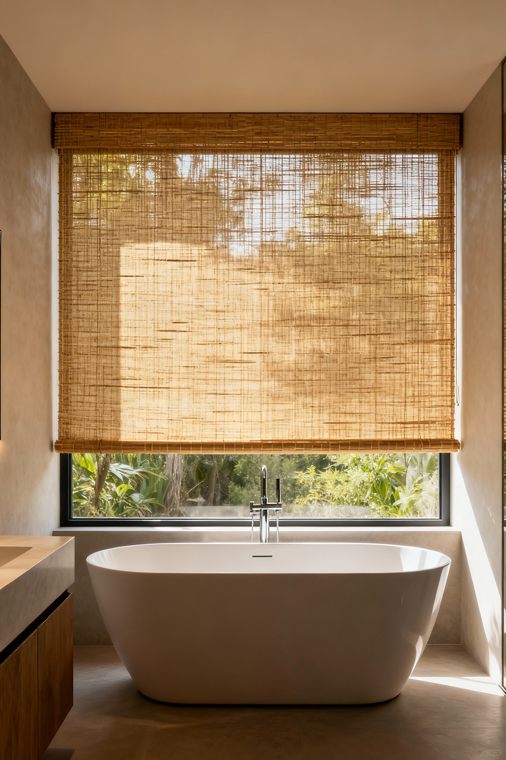 Bathroom featuring natural woven bamboo window treatments, creating organic warmth and a serene, biophilic atmosphere, with soft natural light filtering through.