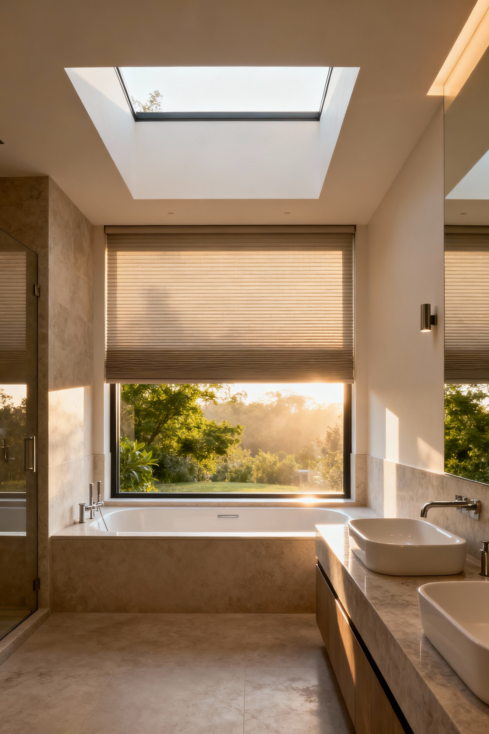 Modern spa-like bathroom with a window featuring beige top-down/bottom-up cellular shades, partially opened at the top to let in natural light and showing a serene green view, maintaining privacy below.