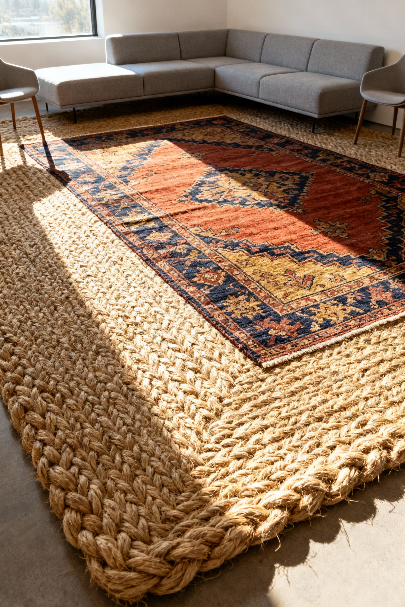 A modern, minimalist living room featuring a cream sofa anchored by two layered rugs: a large, textural sisal base rug topped with a smaller, faded vintage Persian Heriz rug to ground the floating furniture.