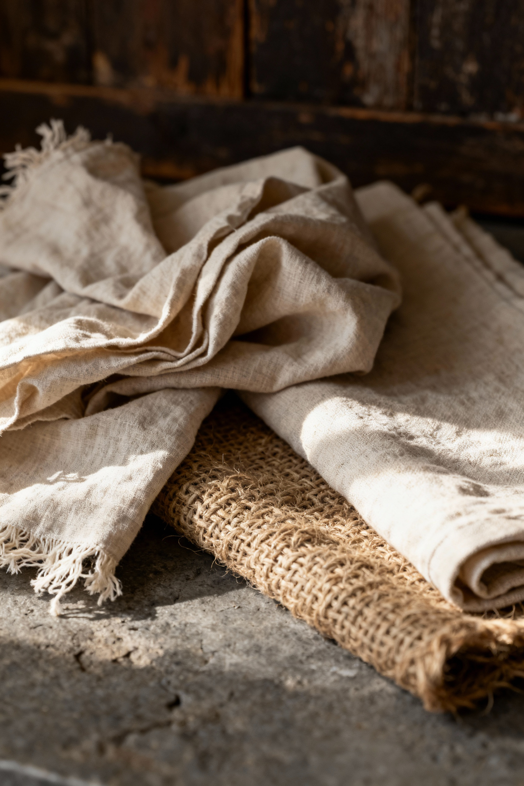 Close-up of unbleached crushed linen, cotton, and hemp textiles resting on a rustic timber countertop, illustrating how soft fabrics contrast hard rustic kitchen decor.