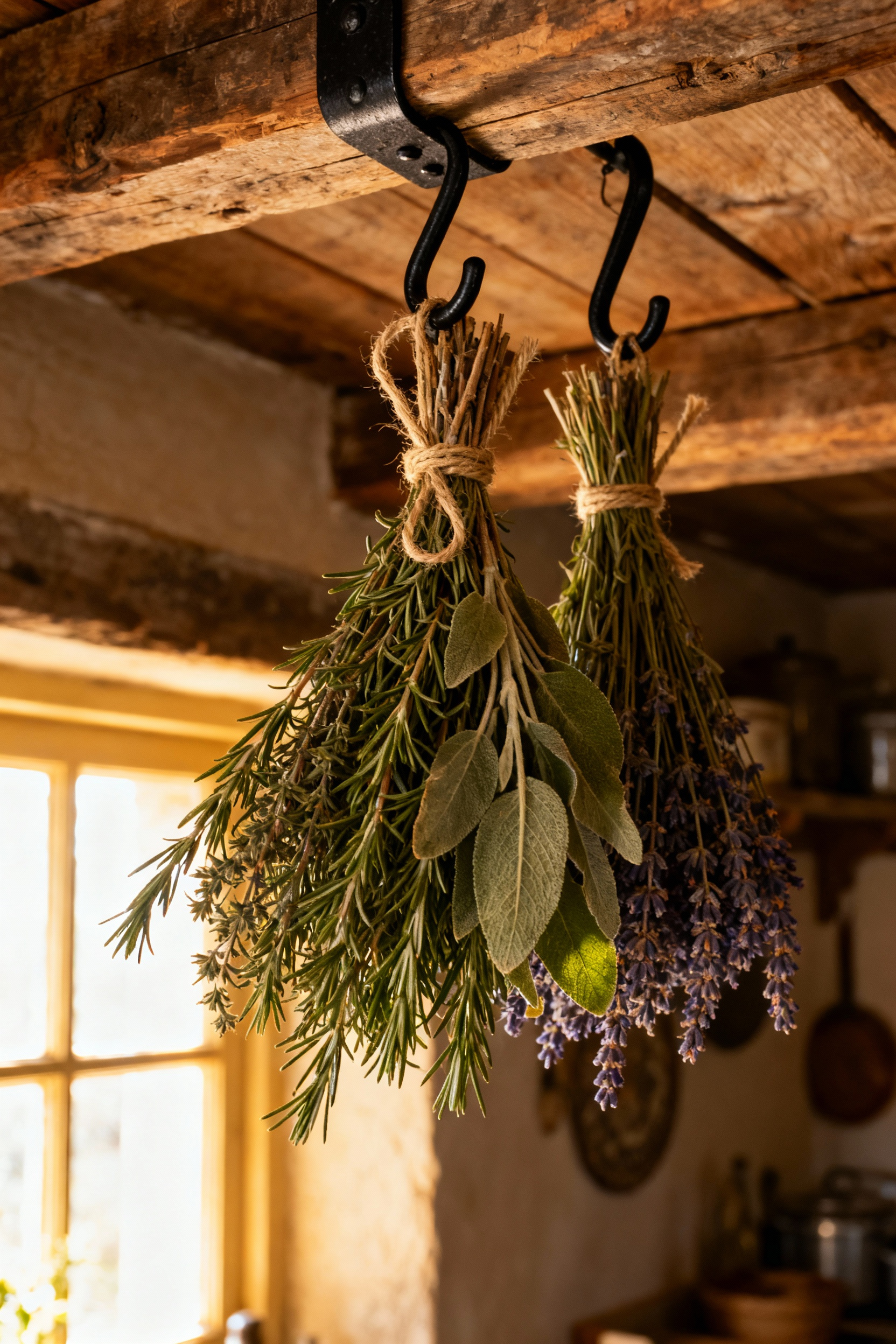 Bundles of rosemary, sage, and lavender tied with natural twine, hanging from black iron hooks on a rustic, exposed wooden beam in a cozy kitchen.