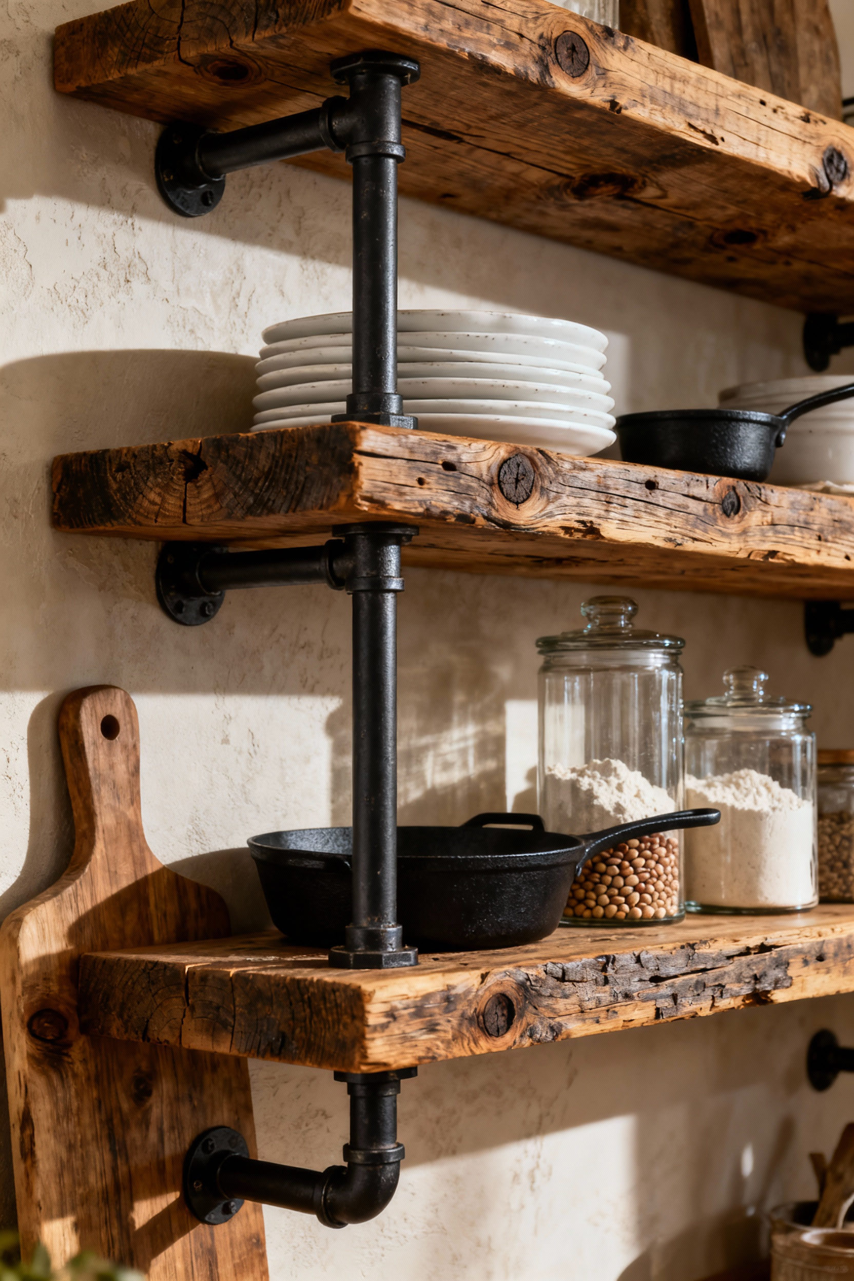 Close-up of heavy, 3-inch thick reclaimed barn wood open shelving in a rustic kitchen, holding stacked ceramic plates and cast iron cookware, supported by matte black industrial brackets.