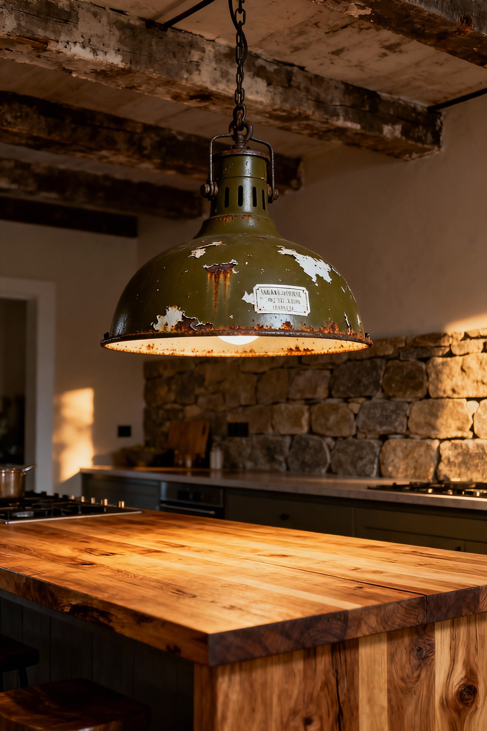 A heavily distressed, deep olive green industrial enamel factory pendant light with a preserved patina, hanging over a rustic wooden kitchen island.