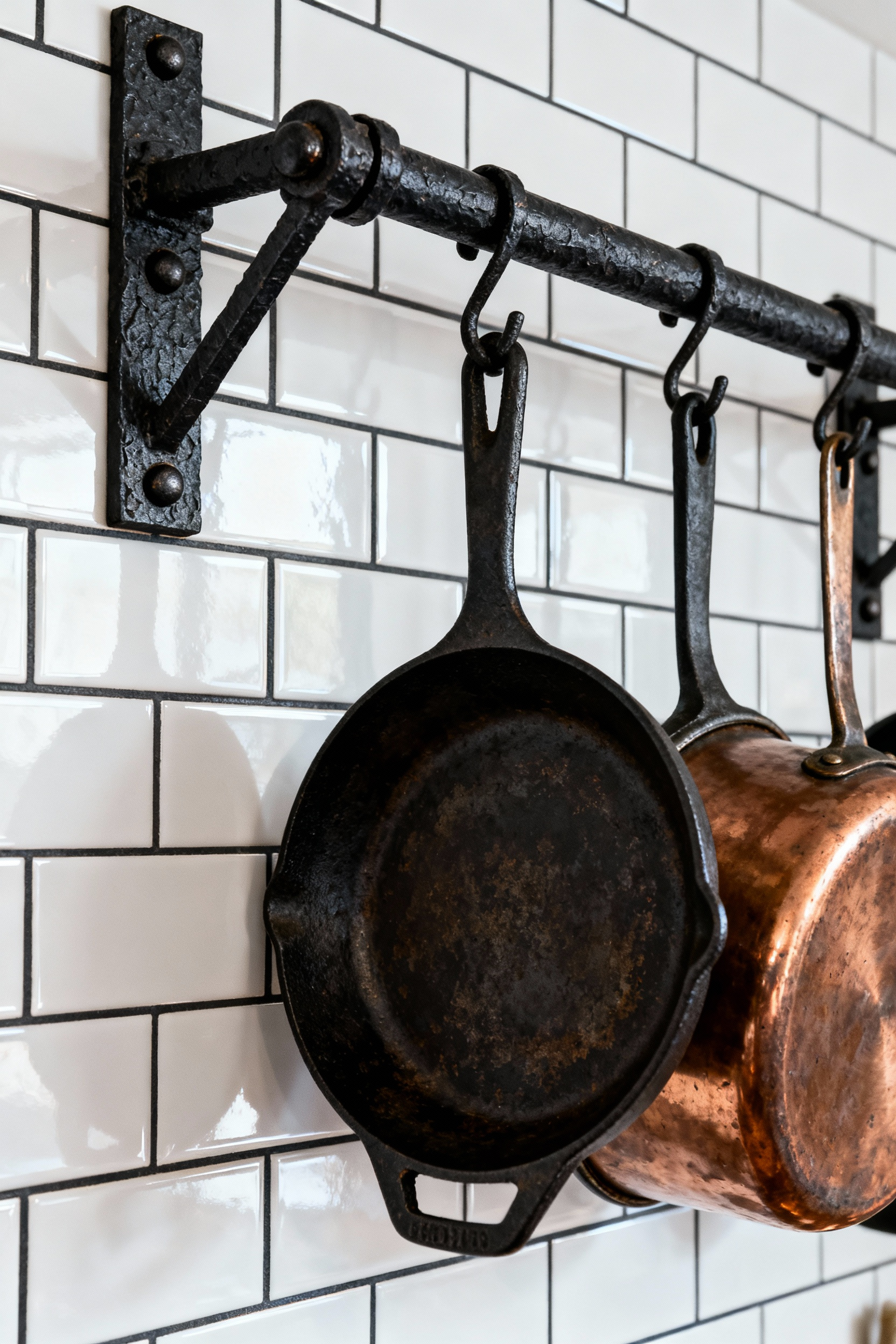 A close-up view of a heavy, matte black, hand-forged iron pot rack with visible rivets, mounted on a white subway tile wall. Cast iron pots hang from the rack, illustrating high-contrast rustic kitchen decor.