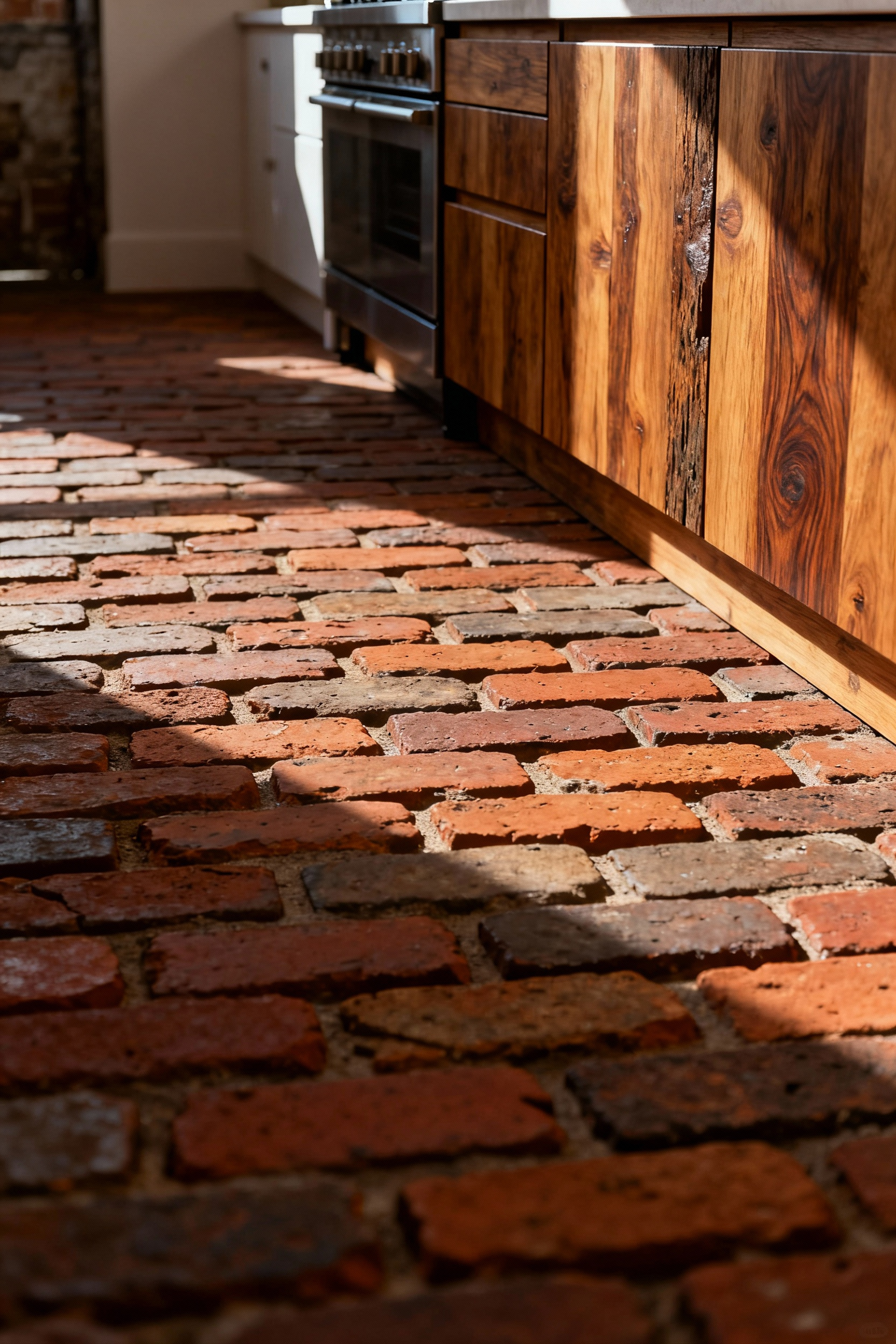 Close-up of rustic kitchen flooring made of reclaimed, tumbled factory bricks in warm terracotta and red tones, contrasting with the base of richly textured reclaimed oak cabinetry.