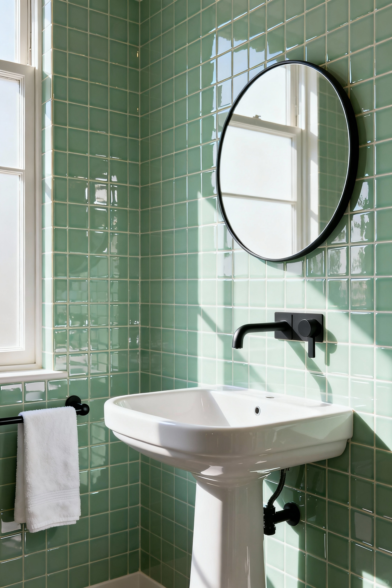 A full view of a transitional sage green bathroom featuring glossy 1950s ceramic wall tile paired dramatically with sleek, modern matte black hardware on the vanity and mirror.