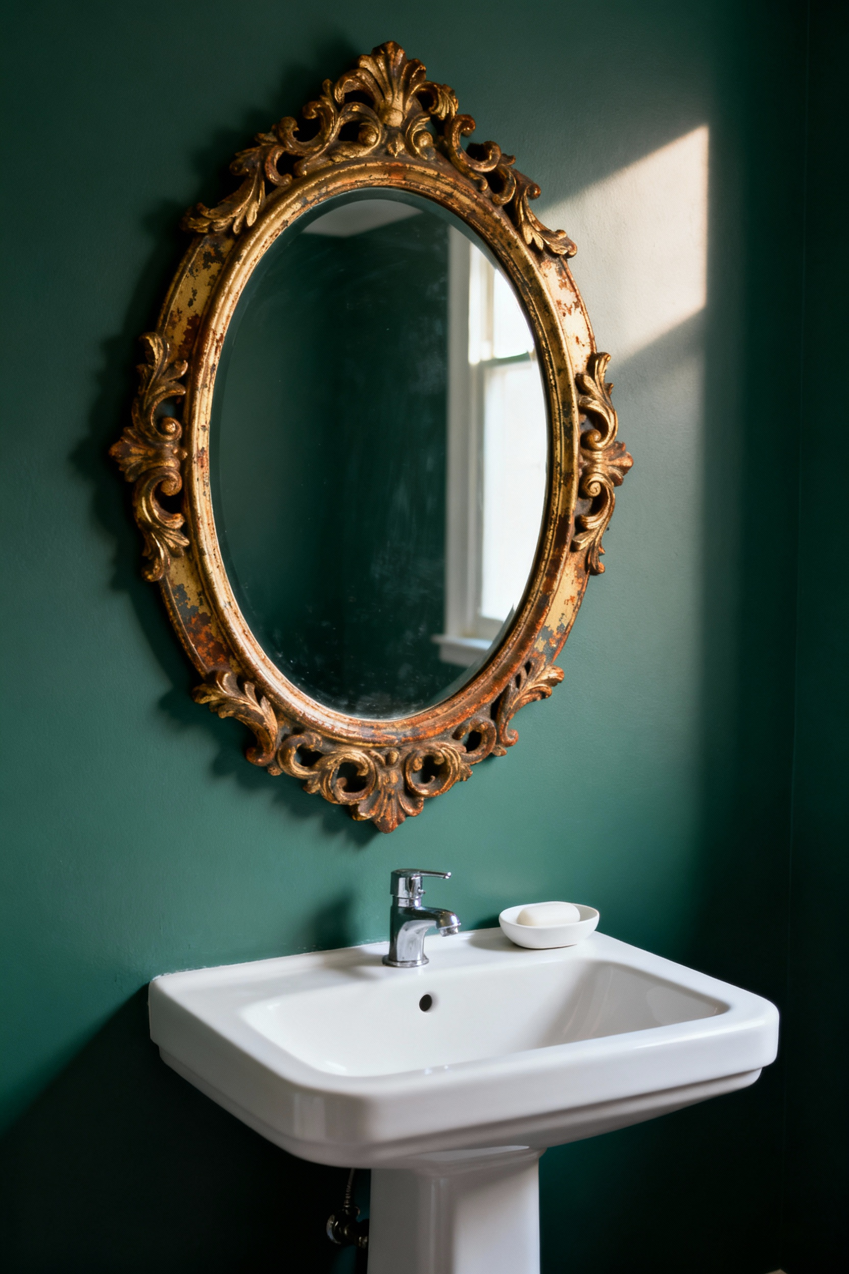 A large, ornate antique gold-gilded mirror mounted on a wall painted matte sage green, providing dramatic visual contrast above a white bathroom pedestal sink.