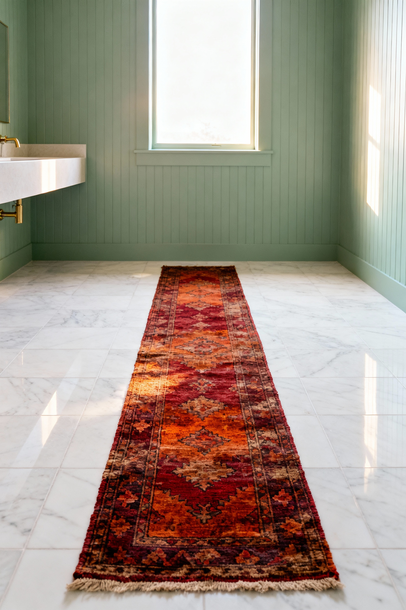 A tranquil sage green bathroom featuring cool white tiled floors warmed by a vintage Turkish runner displaying rich madder root reds and rust tones.
