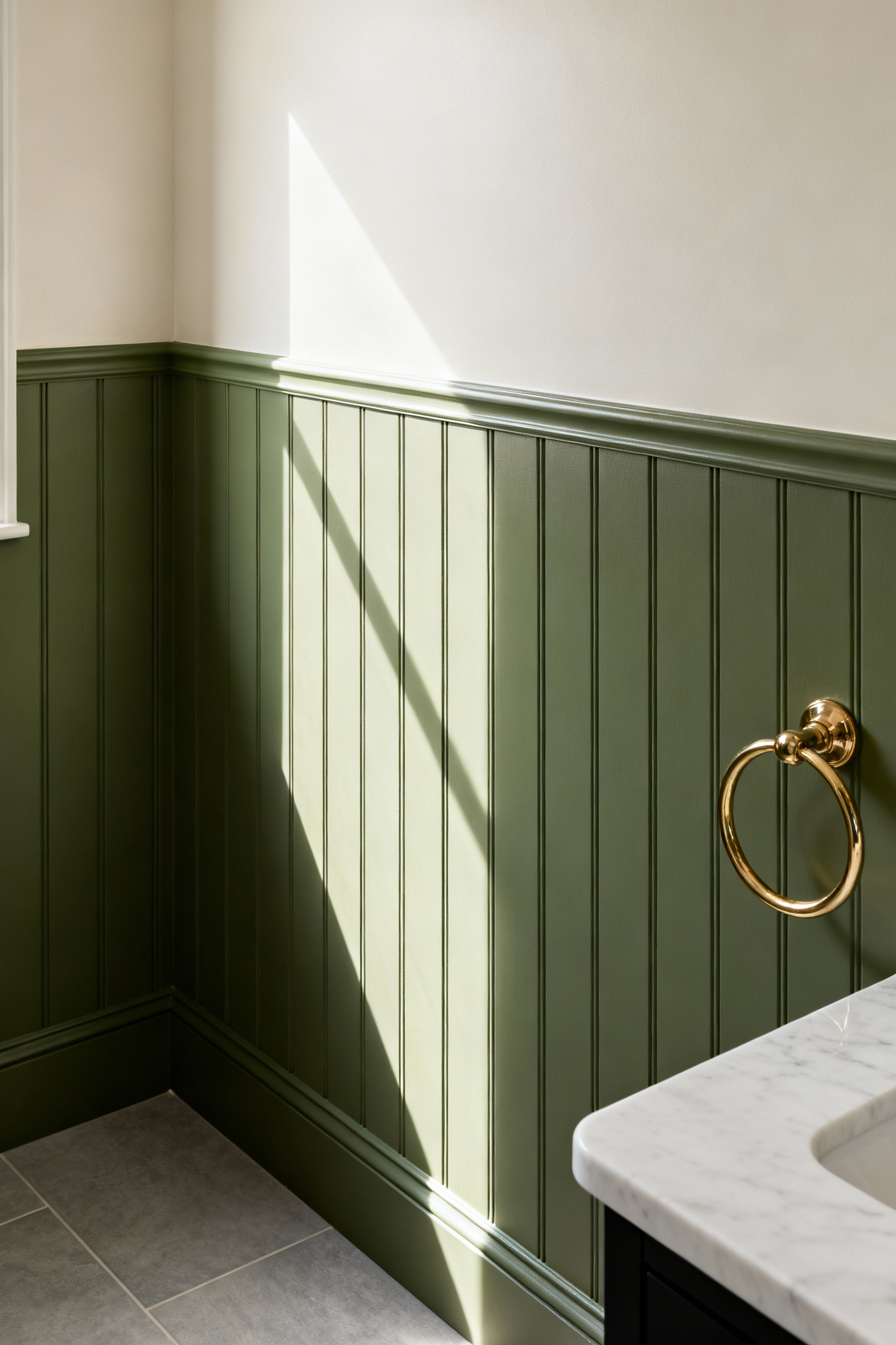 A photograph of a sage green small bathroom featuring vertical beadboard wainscoting where subtle natural light emphasizes the architectural texture and depth created by the vertical ridges and shadows.
