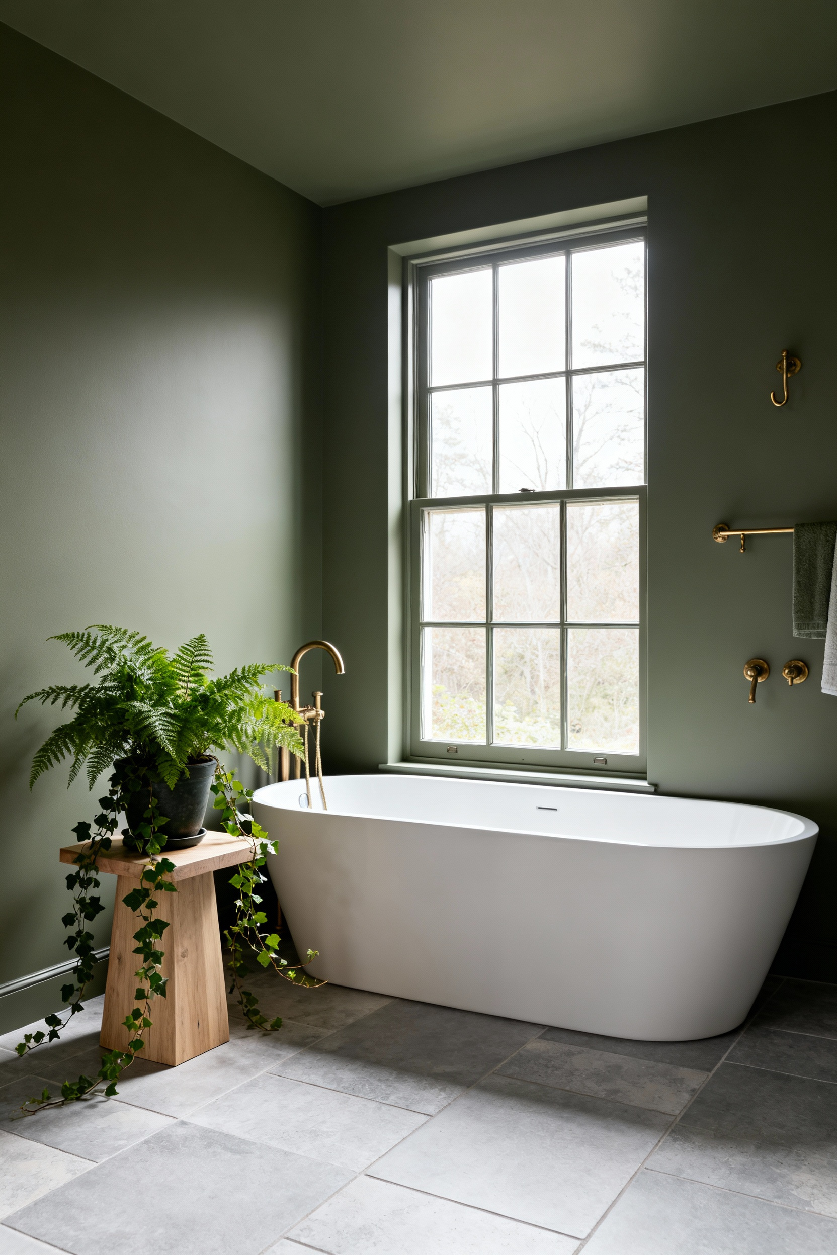 A serene, biophilic bathroom featuring walls painted in muted sage green, a white freestanding tub, natural wood accents, and lush indoor plants, conveying tranquility and grounded safety.