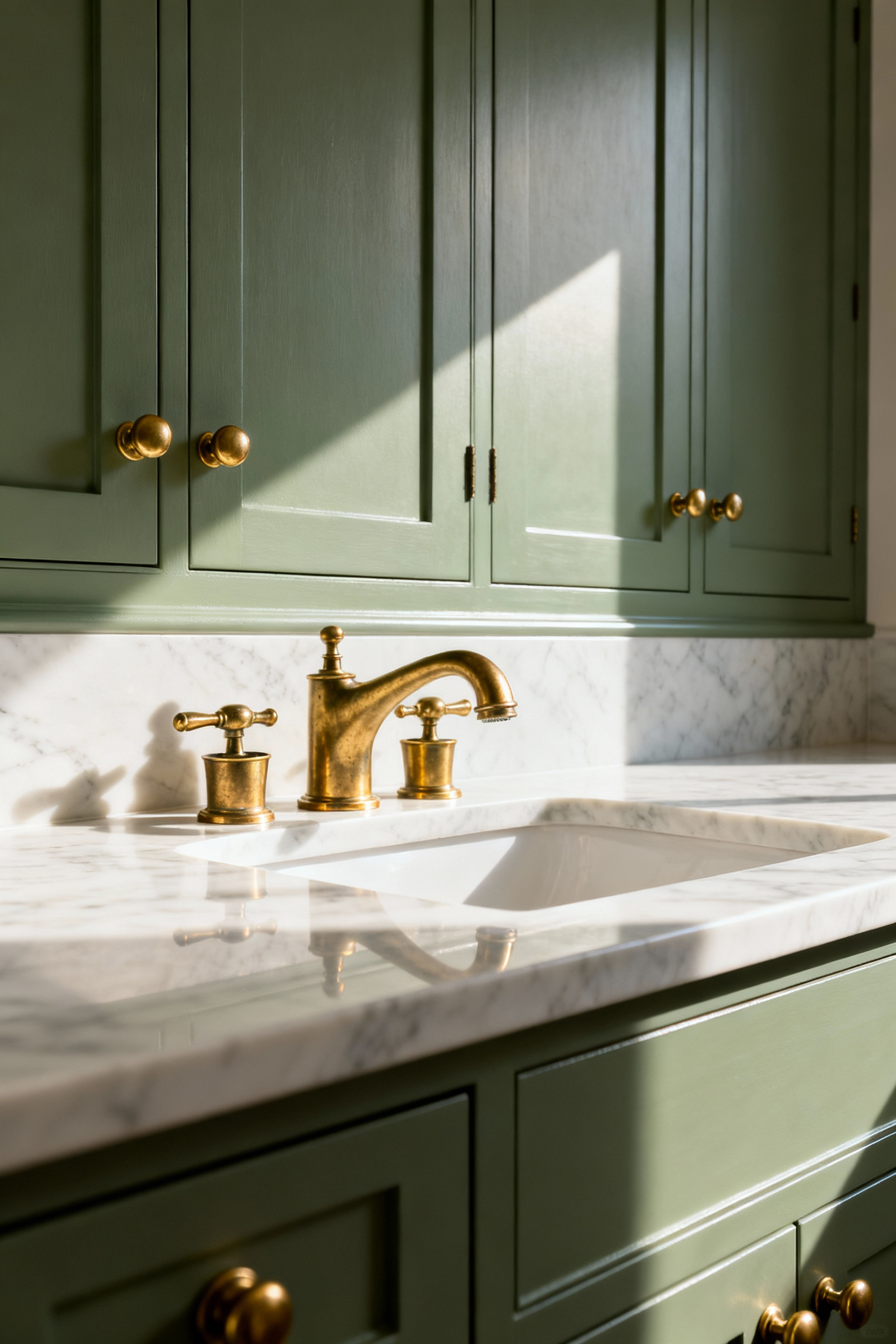 A tranquil bathroom scene showing bespoke sage green cabinetry contrasted sharply with warm, golden unlacquered brass hardware and a white marble countertop under soft morning light.