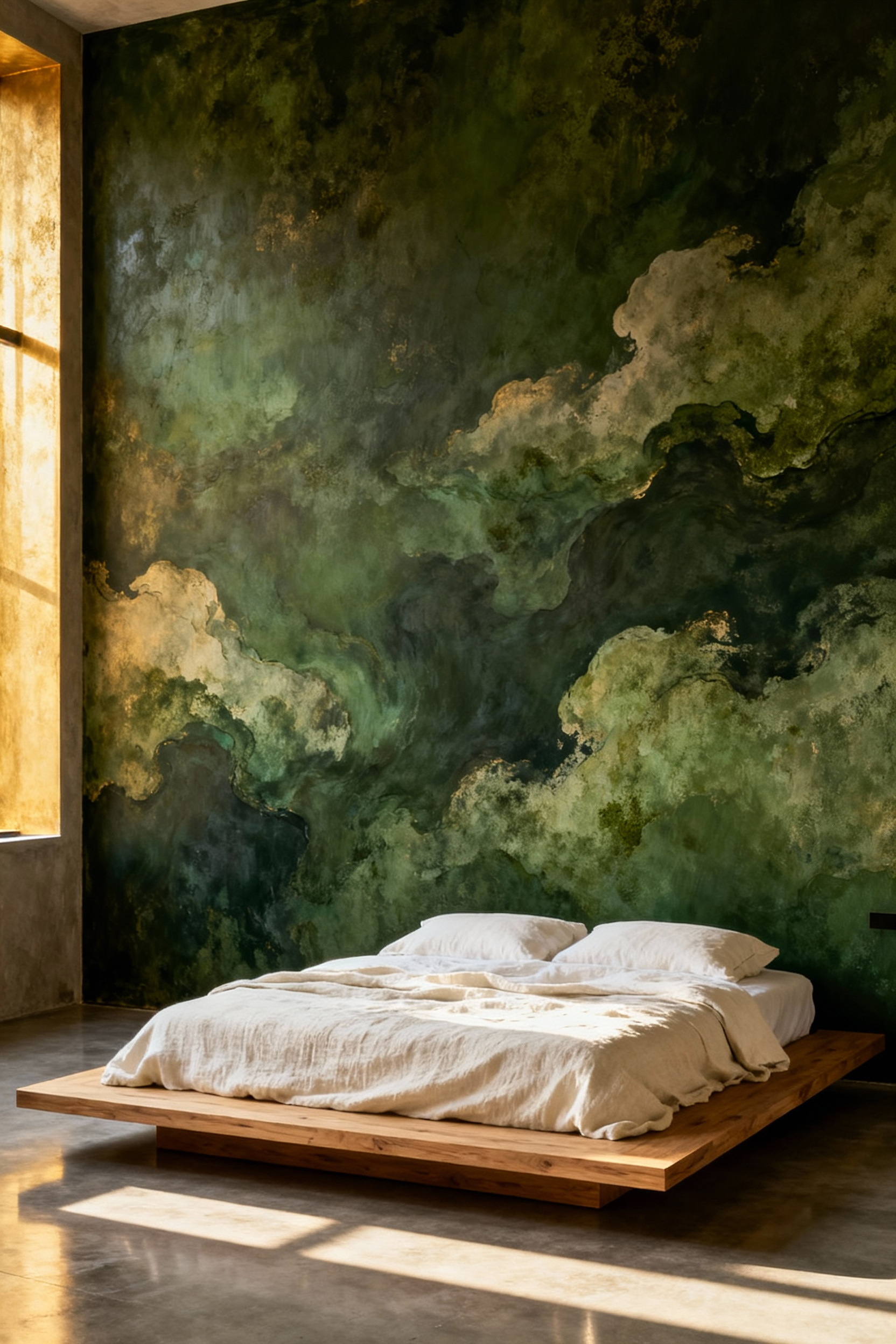 A serene bedroom featuring a tactile sage green limewash wall texture, natural wood platform bed, and white linen bedding, showcasing the organic, restorative aesthetic created by the paint finish and soft natural light.