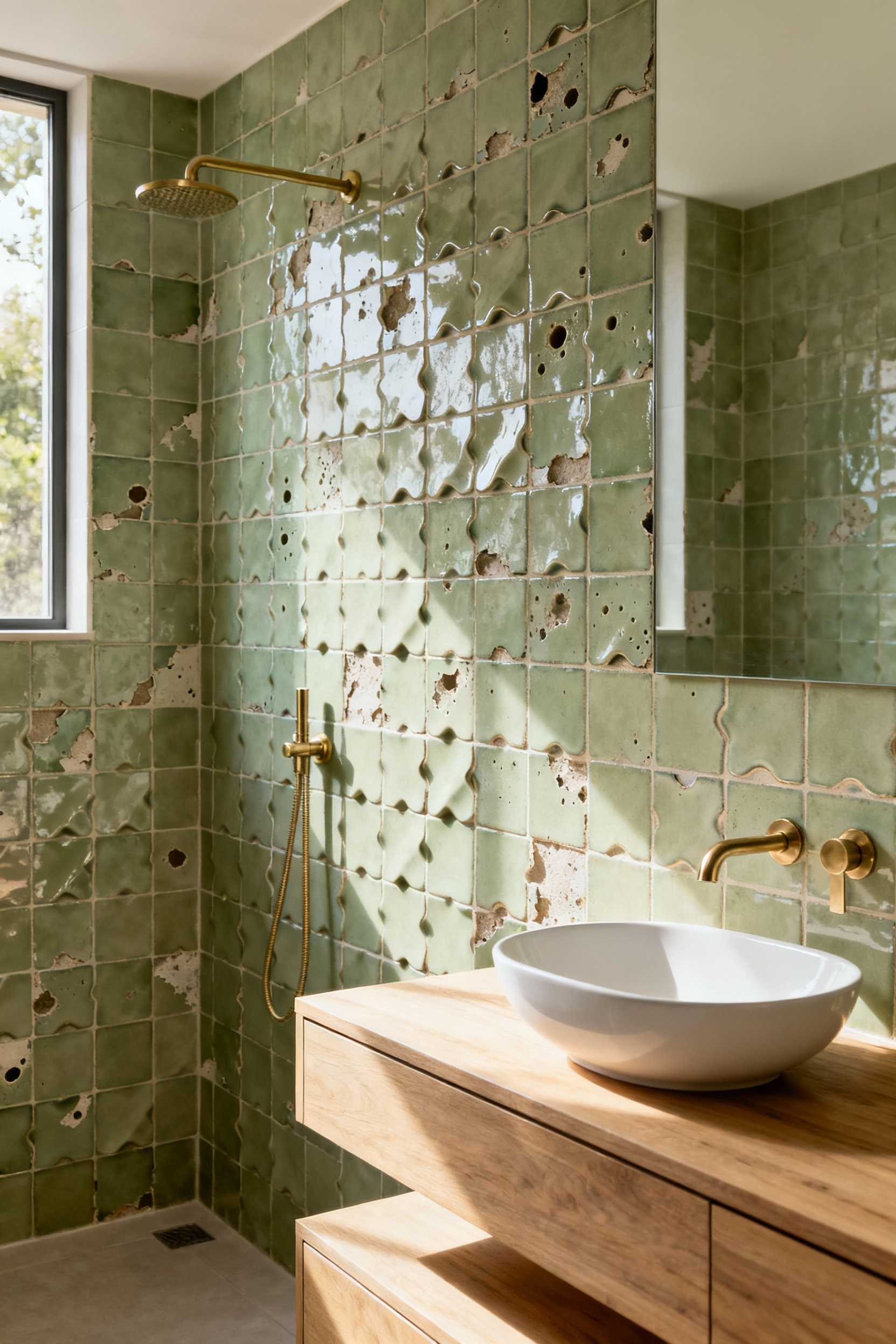 Full scene of a sage green bathroom featuring a textured wall of handmade 4x4 square Zellige tiles in varying herbal shades above a floating wooden vanity.