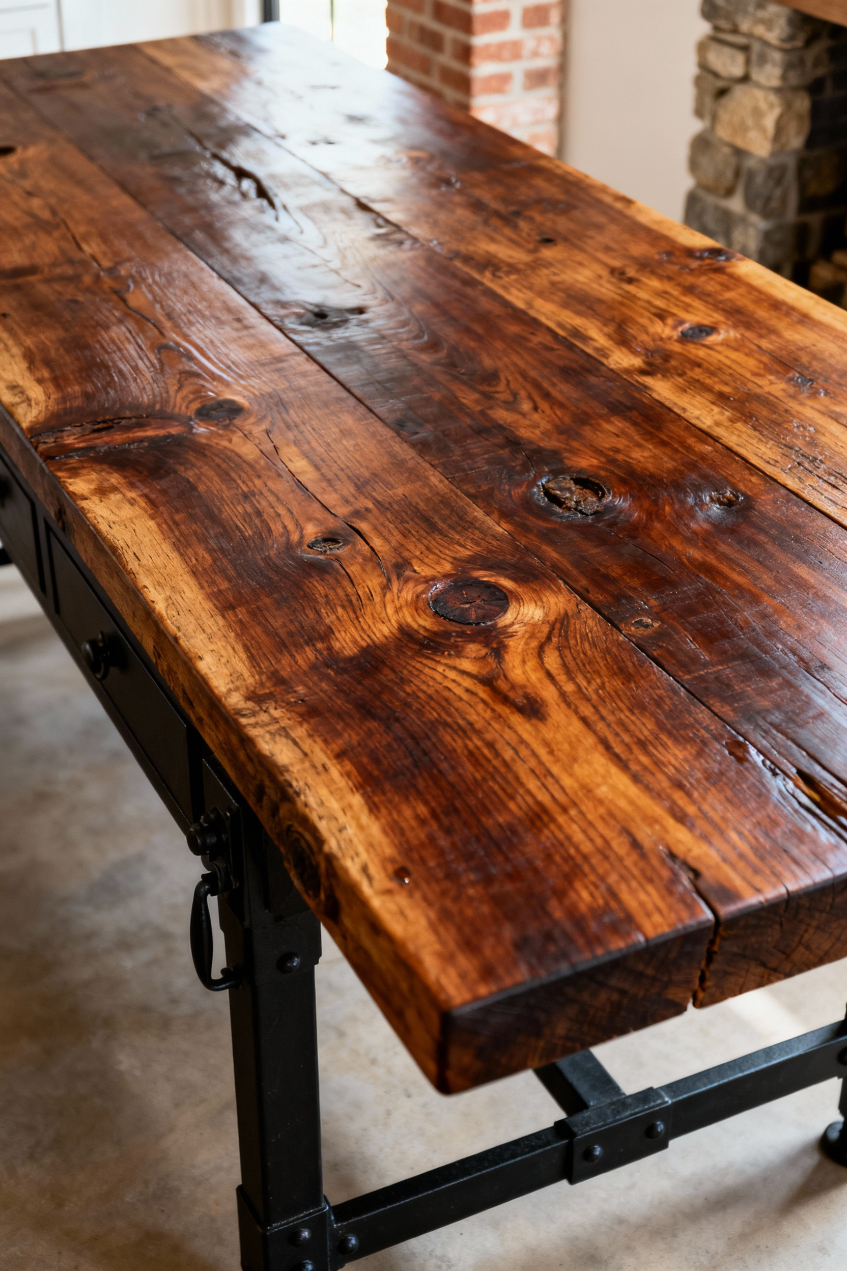 Massive rustic kitchen island made from salvaged, oiled oak timber, serving as the functional centerpiece of a country kitchen with visible deep grain and heavy black iron supports.