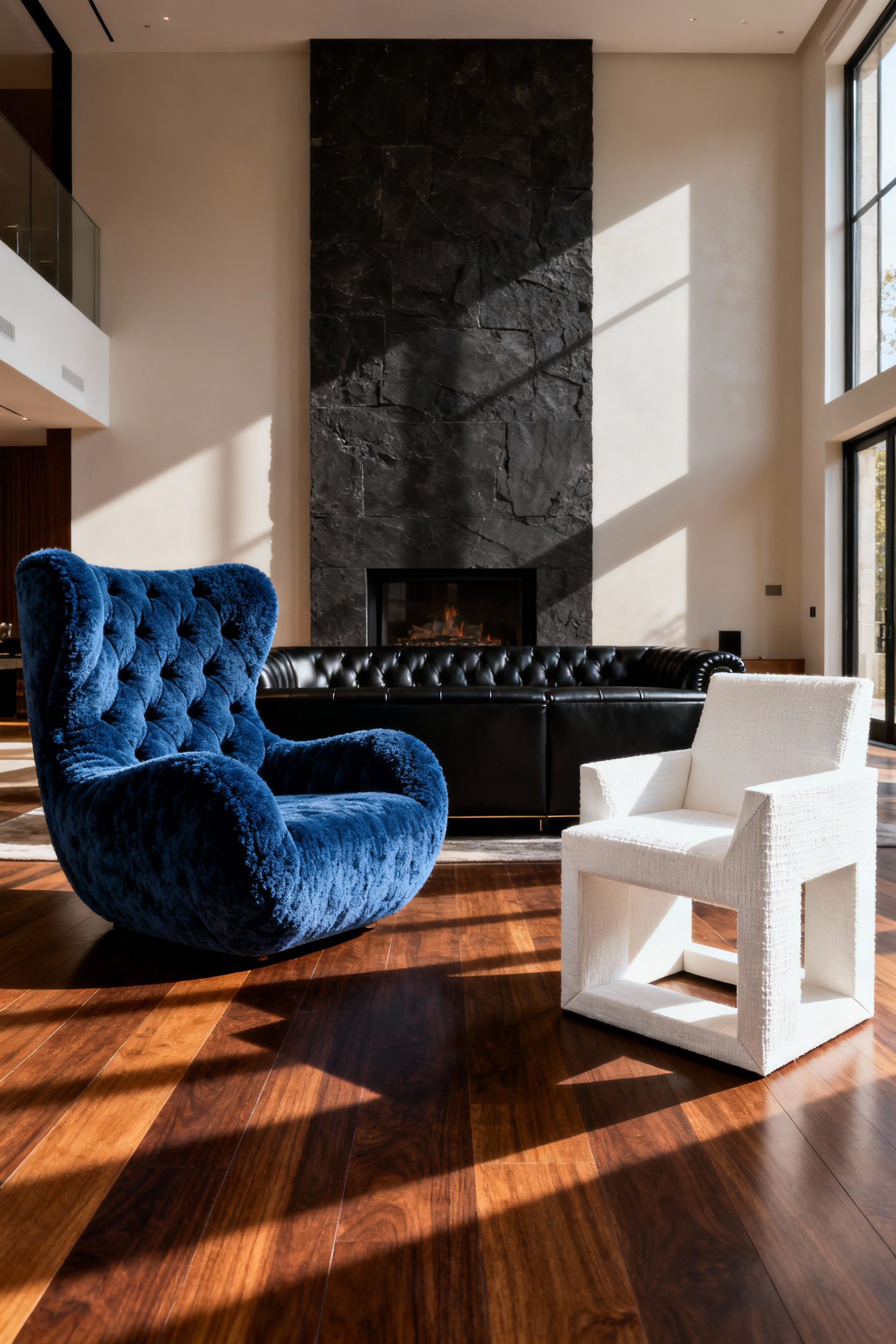 A formal living room featuring two highly contrasting sculptural occasional chairs—one large curved sapphire blue boucle and one sharply angled white geometric—positioned next to a sleek leather sofa, demonstrating secondary seating used as functional art.