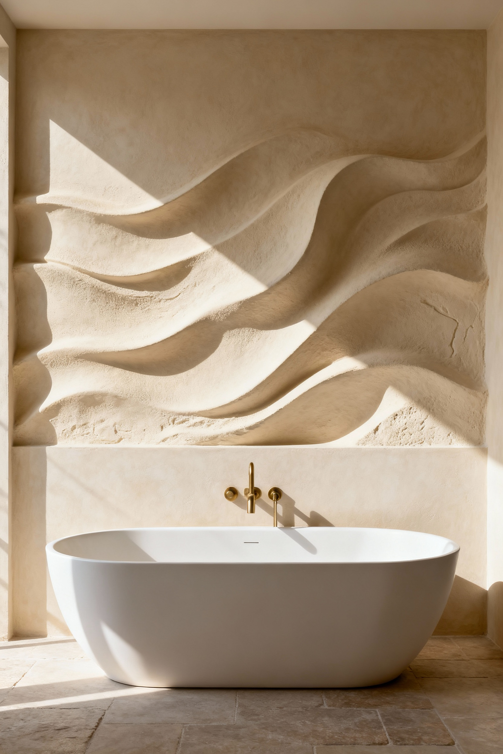 A modern luxury bathroom featuring a large, integrated sculptural relief wall made of beige Tadelakt plaster with deep, wavy biomorphic textures contrasting against a white freestanding bathtub.