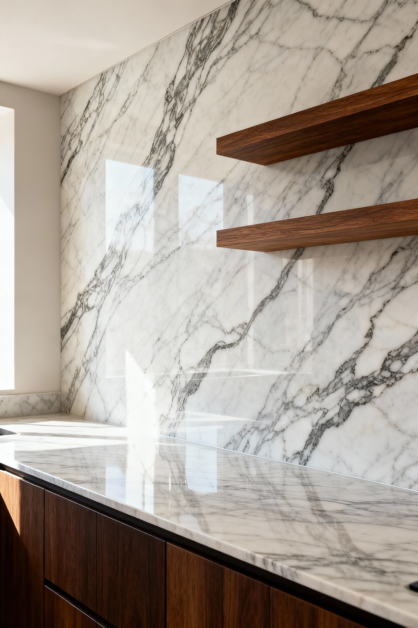 Seamless Calacatta marble slab backsplash extending dramatically up the wall behind dark walnut cabinetry, accented by two minimalist floating shelves in a quiet luxury kitchen design.