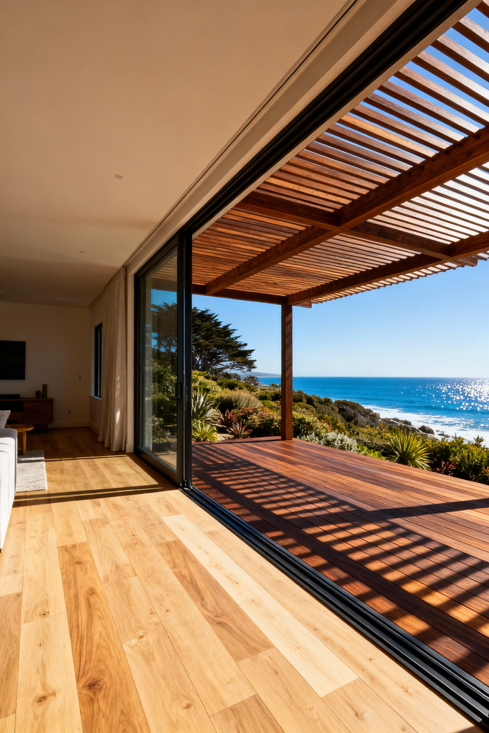 A photograph showing a luxury coastal home where light interior wood floors align perfectly with dark exterior deck planks under a back porch pergola, creating a seamless visual flow toward the ocean.