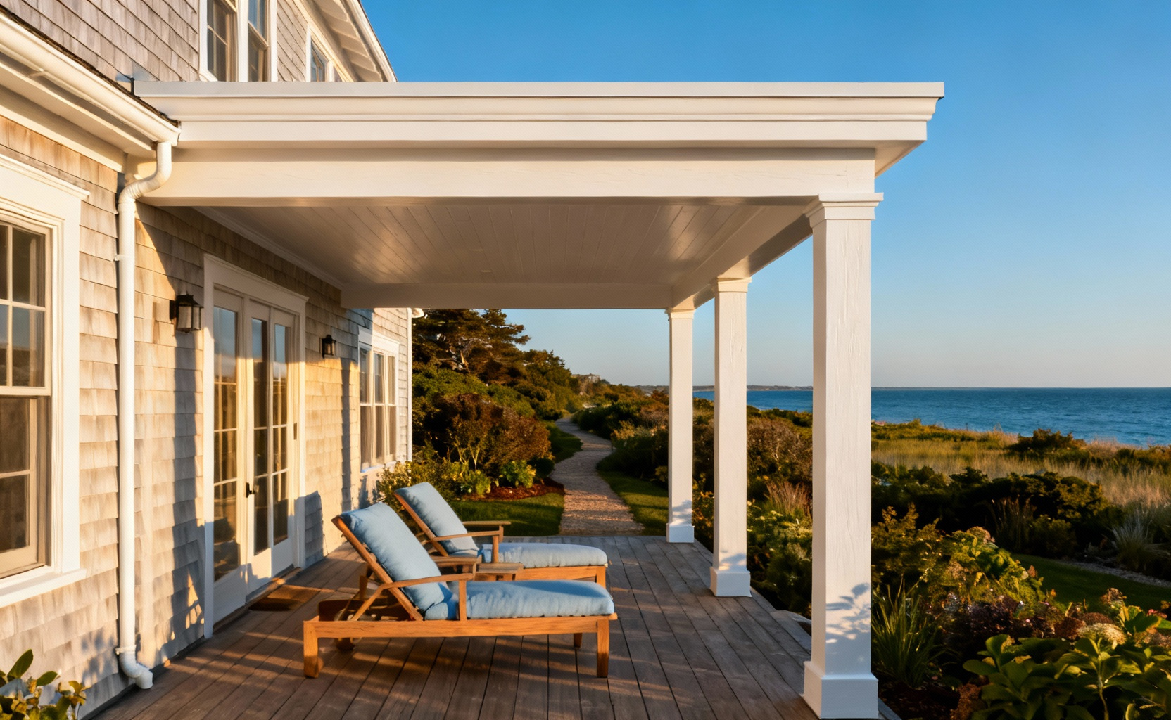 A wide shot of a white wooden back porch pergola architecturally aligned with the main house roofline, showcasing a seamless outdoor living room extension overlooking the ocean.