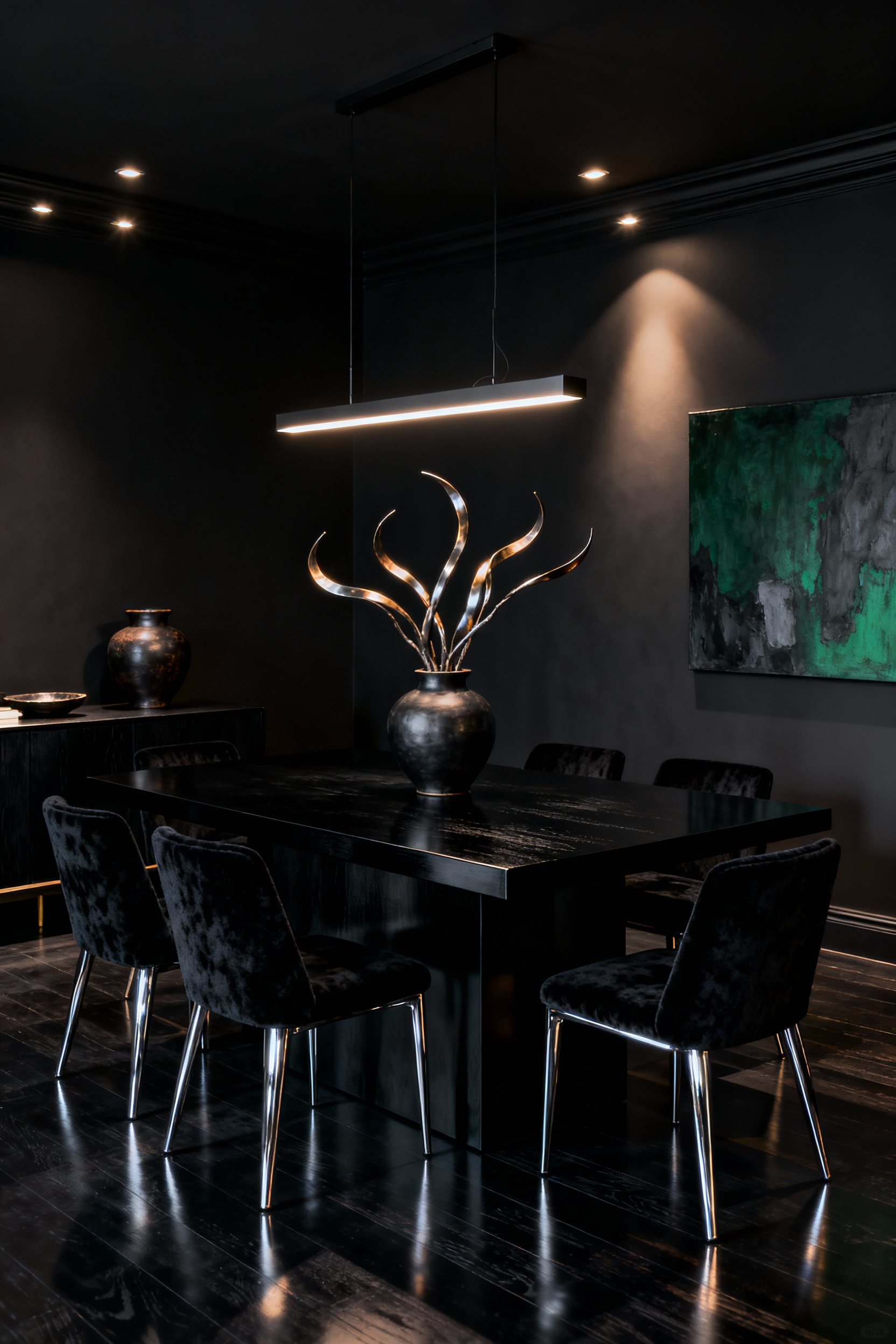 Elegant black dining room designed with a Gothic Modernist aesthetic, featuring a rectangular lacquered table with sculptural metallic branch centerpiece and luxurious black chenille chairs. Warm lighting highlights textured accents and dark ebony floors, showcasing adaptable decor for evolving moods.