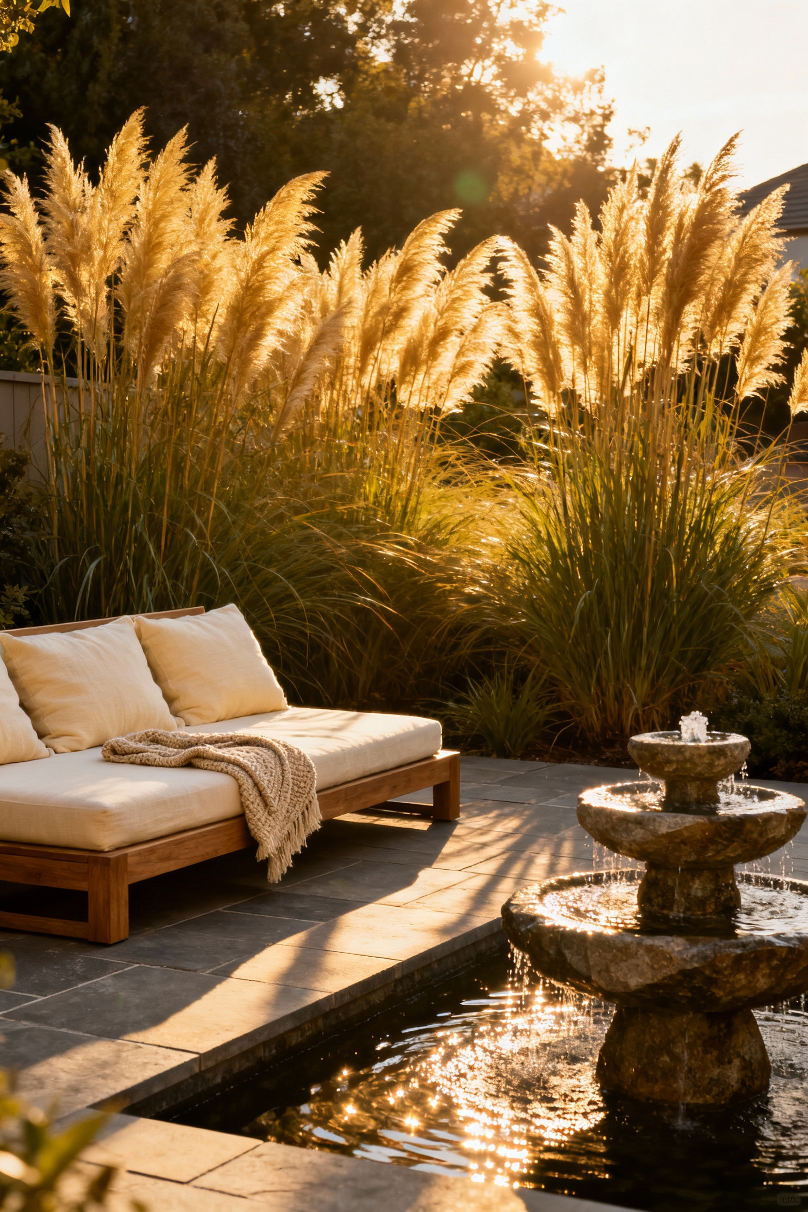 A serene back yard soundscape featuring a bubbling natural stone fountain and tall ornamental grasses swaying in the golden light next to a comfortable patio lounge area, illustrating atmospheric wellness design.
