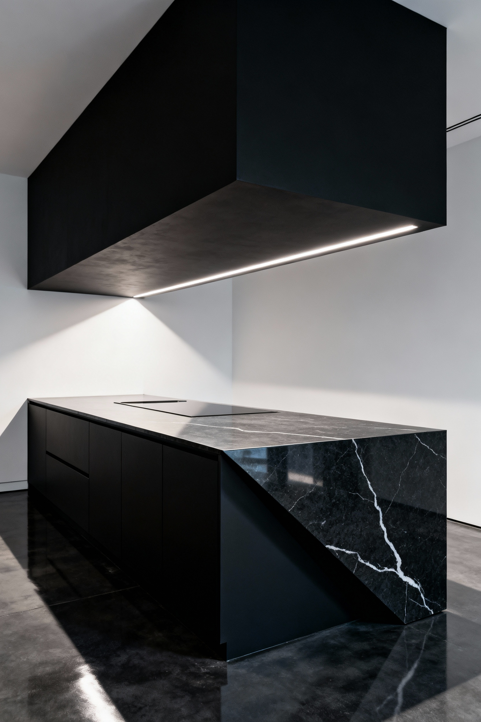 A minimalist luxury kitchen island featuring a two-inch deep charcoal stone countertop with a Shark Nose bevel profile, creating a visually floating, handleless surface over matte black cabinetry.