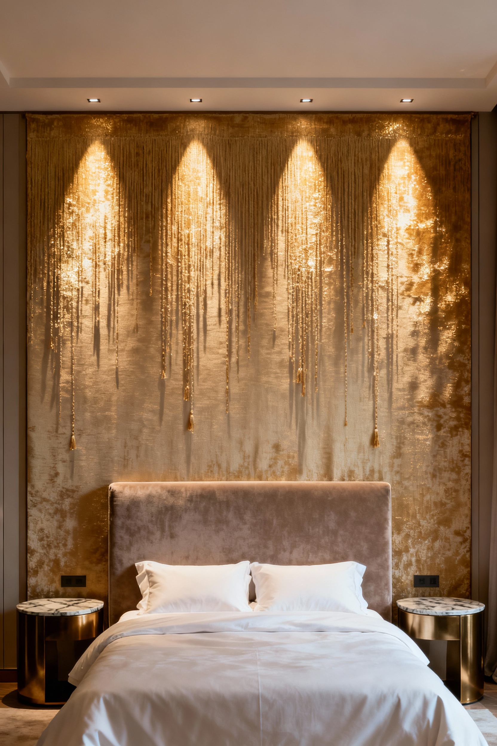 Luxurious master bedroom featuring a champagne hand-knotted silk wallpaper accent wall, dramatically lit to showcase textural depth and a light rainfall effect.