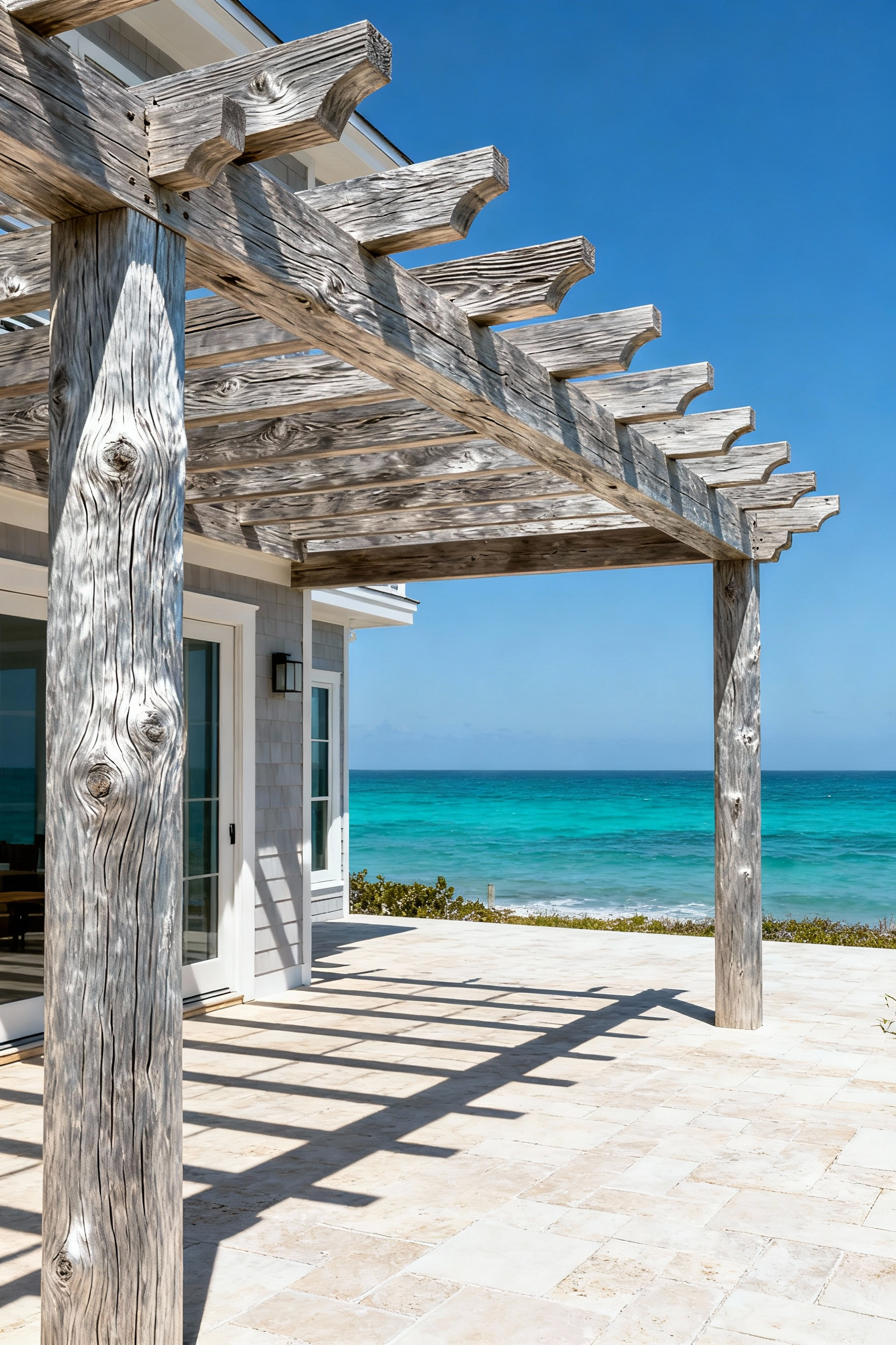 A back porch pergola made of naturally weathered silvered teak wood overlooking the ocean, demonstrating the performance of marine-grade materials in harsh coastal environments.