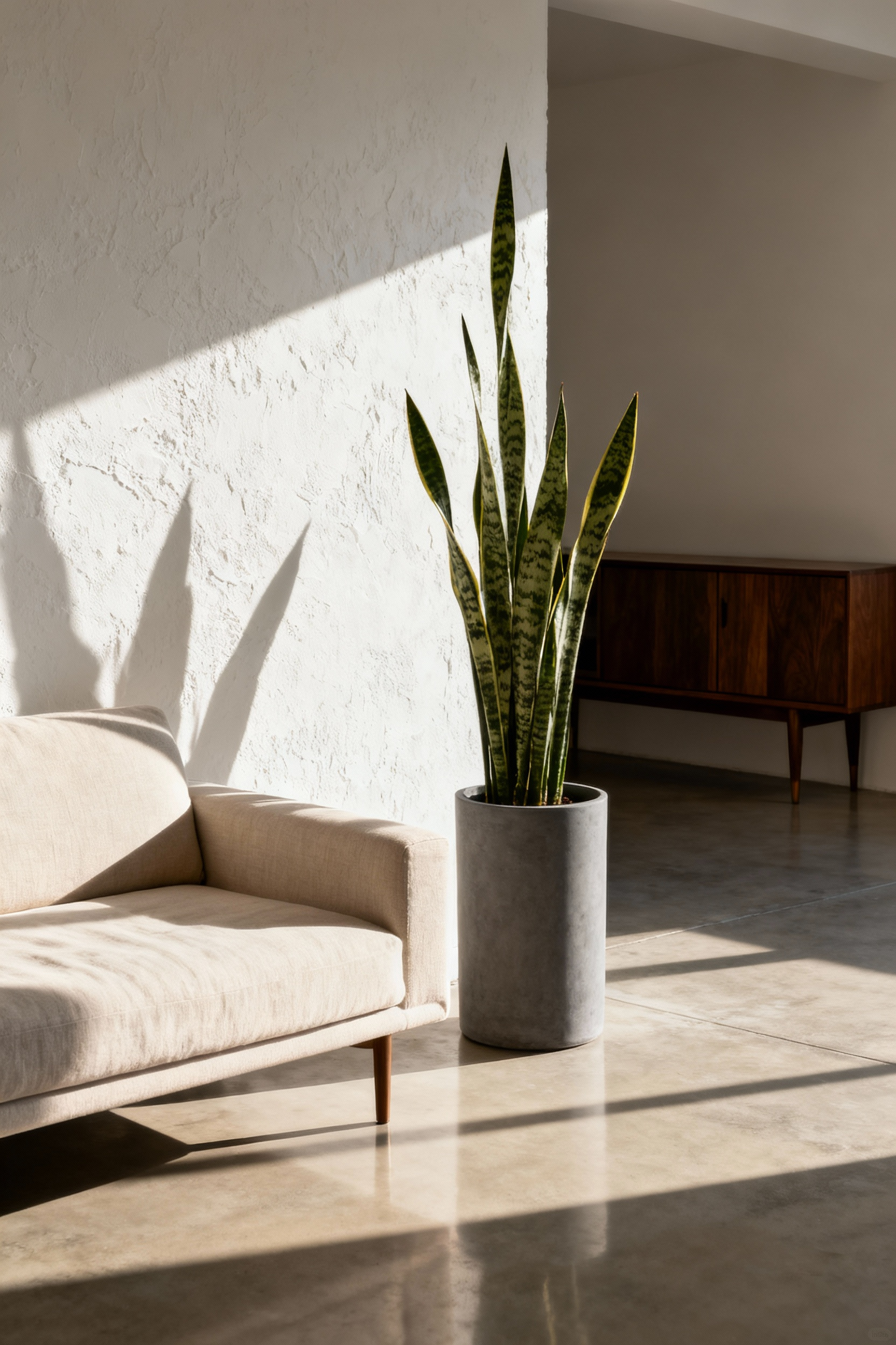Tall variegated snake plant in a modern concrete planter placed in the corner of a sunlit mid-century modern living room with a low gray sofa and walnut credenza.