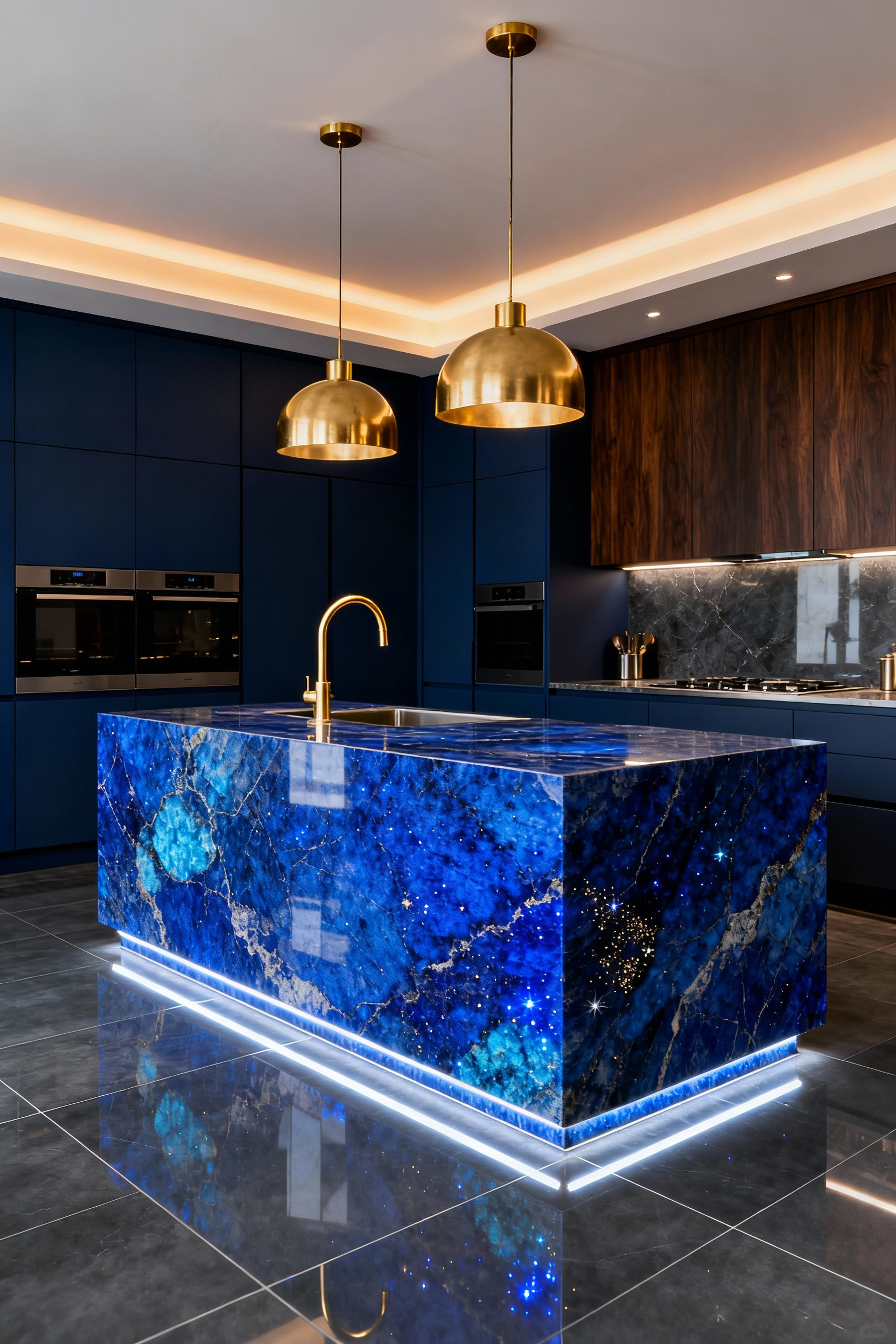 A dramatic, maximalist kitchen featuring a large waterfall island made of intensely deep Sodalite Blue stone, amplified by gold fixtures and moody architectural lighting.