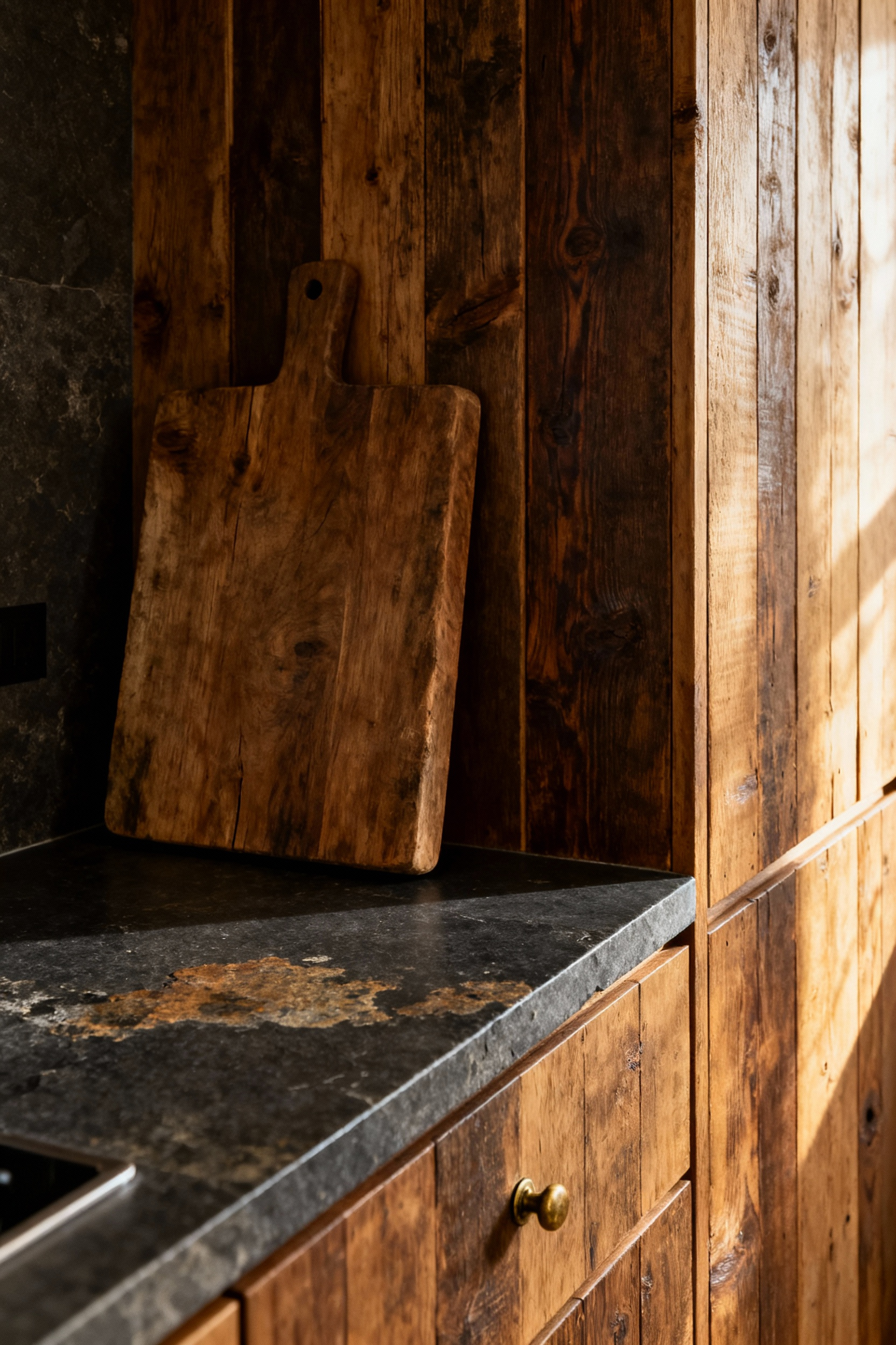 Close-up of a rustic kitchen counter featuring honed black soapstone and deeply textured, naturally oiled reclaimed barn wood cabinetry, emphasizing aged materials and honest construction.