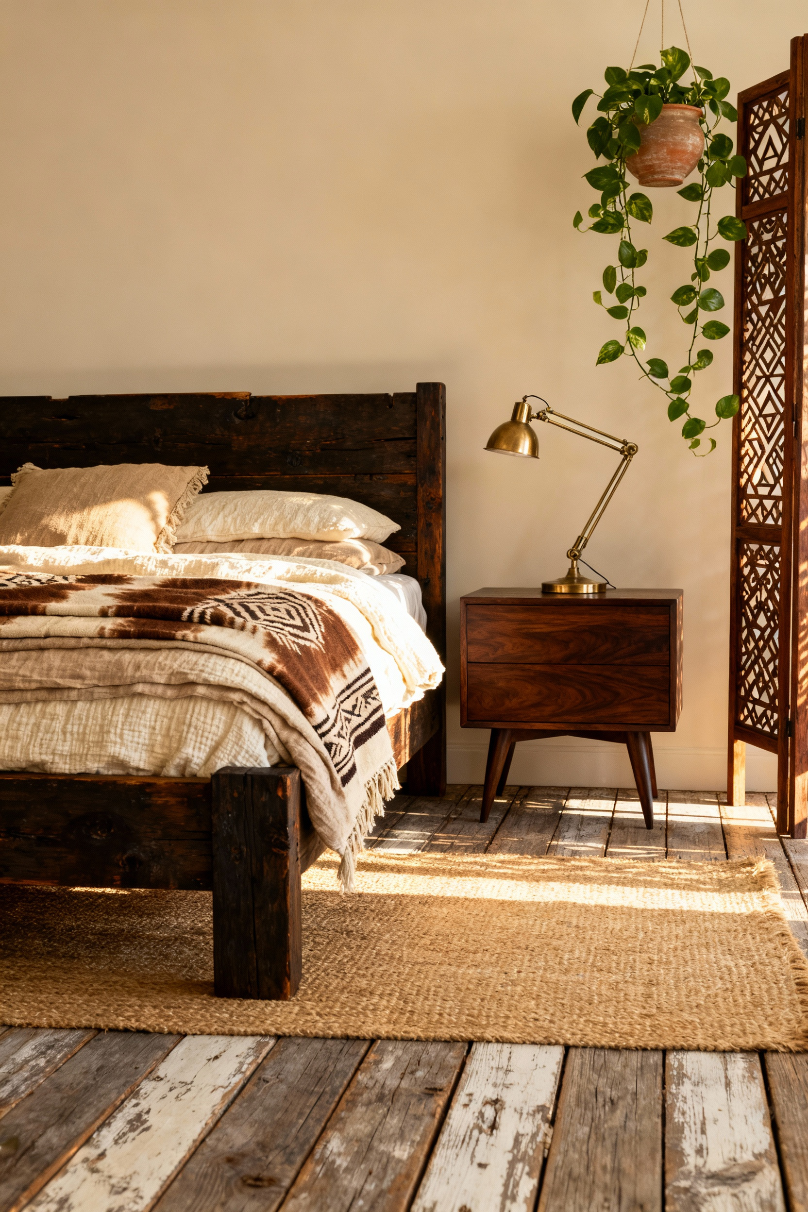 A curated boho bedroom scene featuring a reclaimed wood bed frame paired with a restored dark walnut mid-century modern nightstand and a sleek vintage brass lamp, rejecting the mass-produced showroom aesthetic.