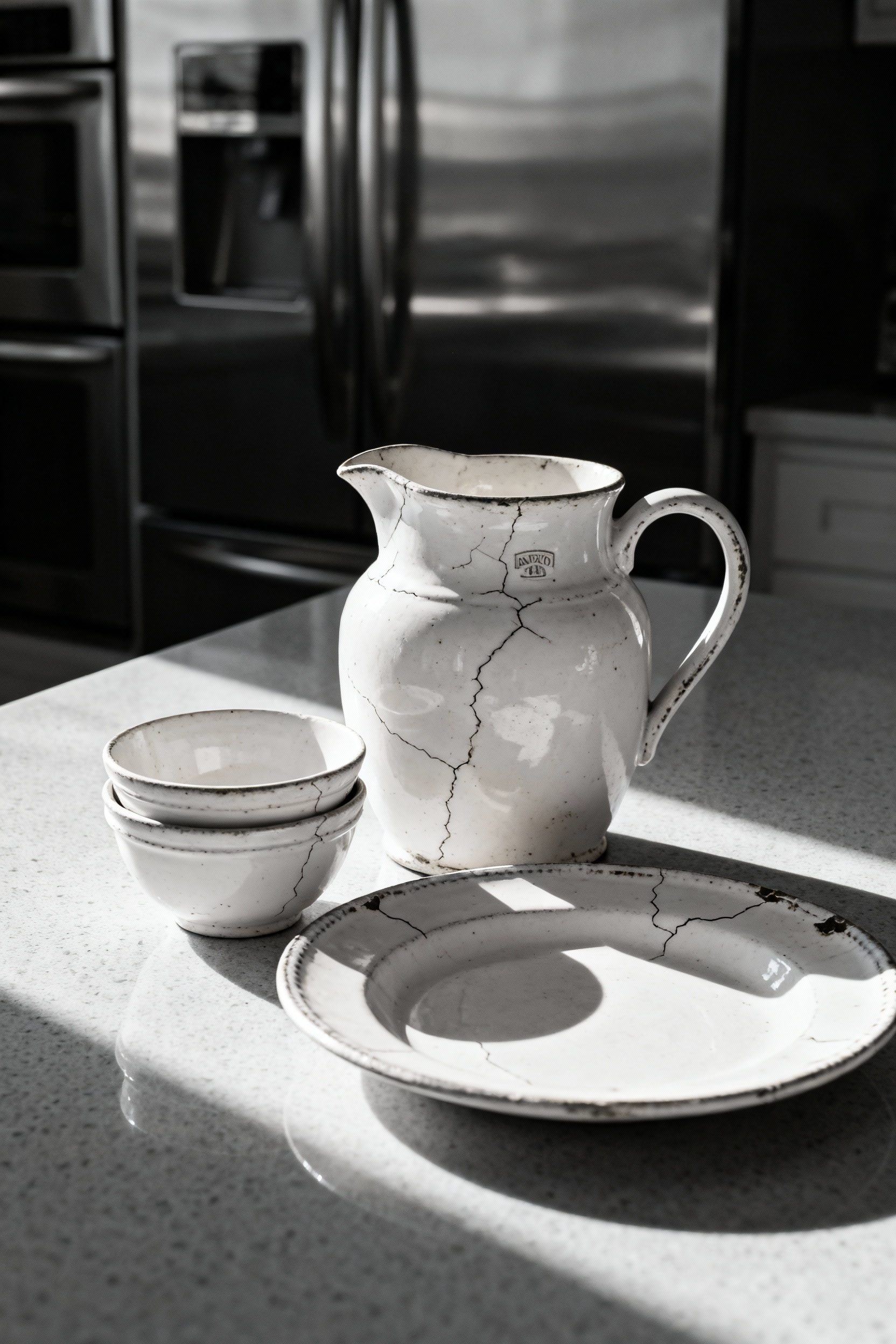 A collection of antique white ironstone showing visible crazing and chips, styled on a sleek light gray quartz countertop.