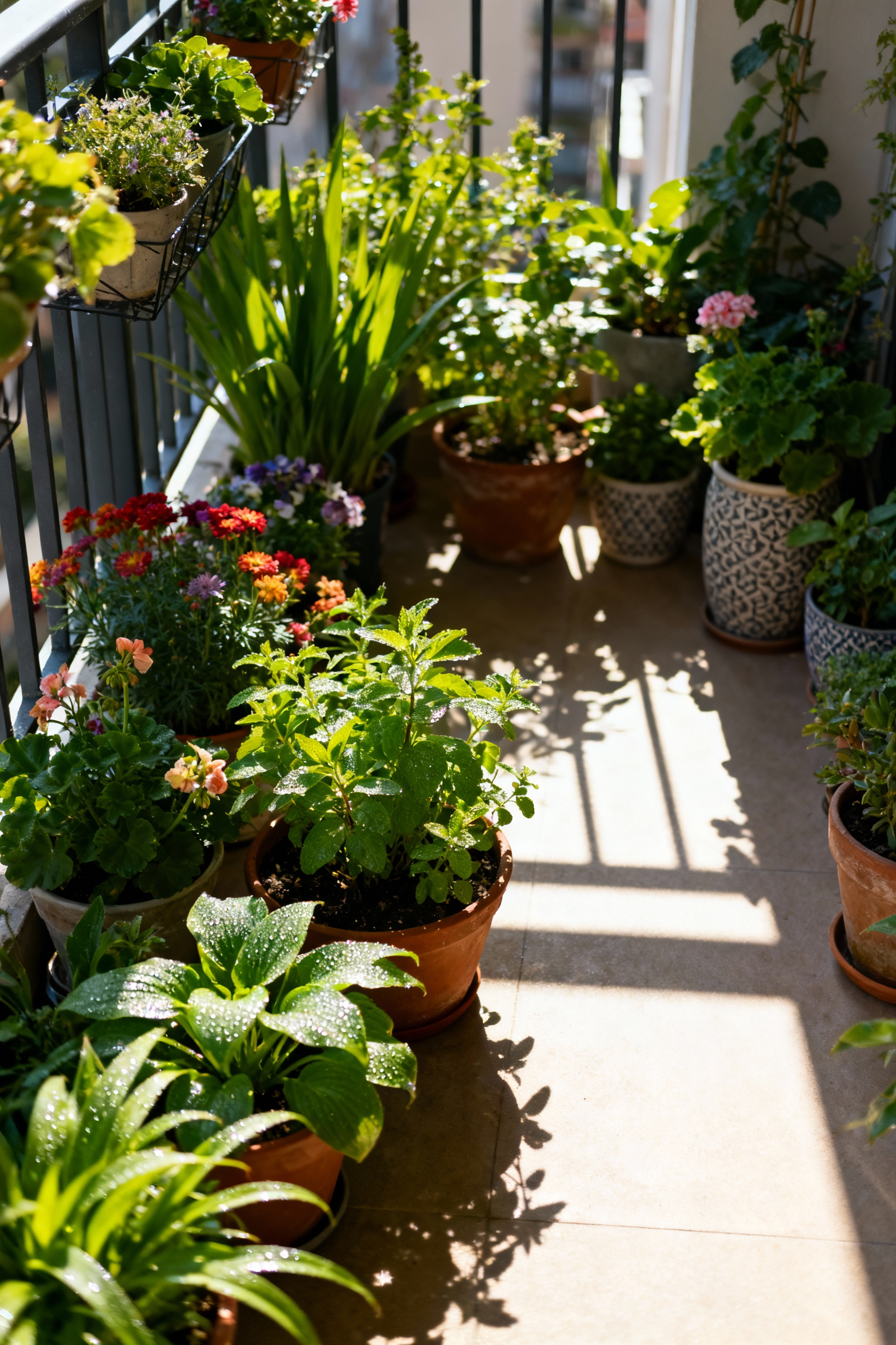 A serene balcony garden showing vibrant plants in various light conditions, demonstrating effective sunlight calibration for optimal plant vitality. Focus on thriving greenery under natural light patterns.