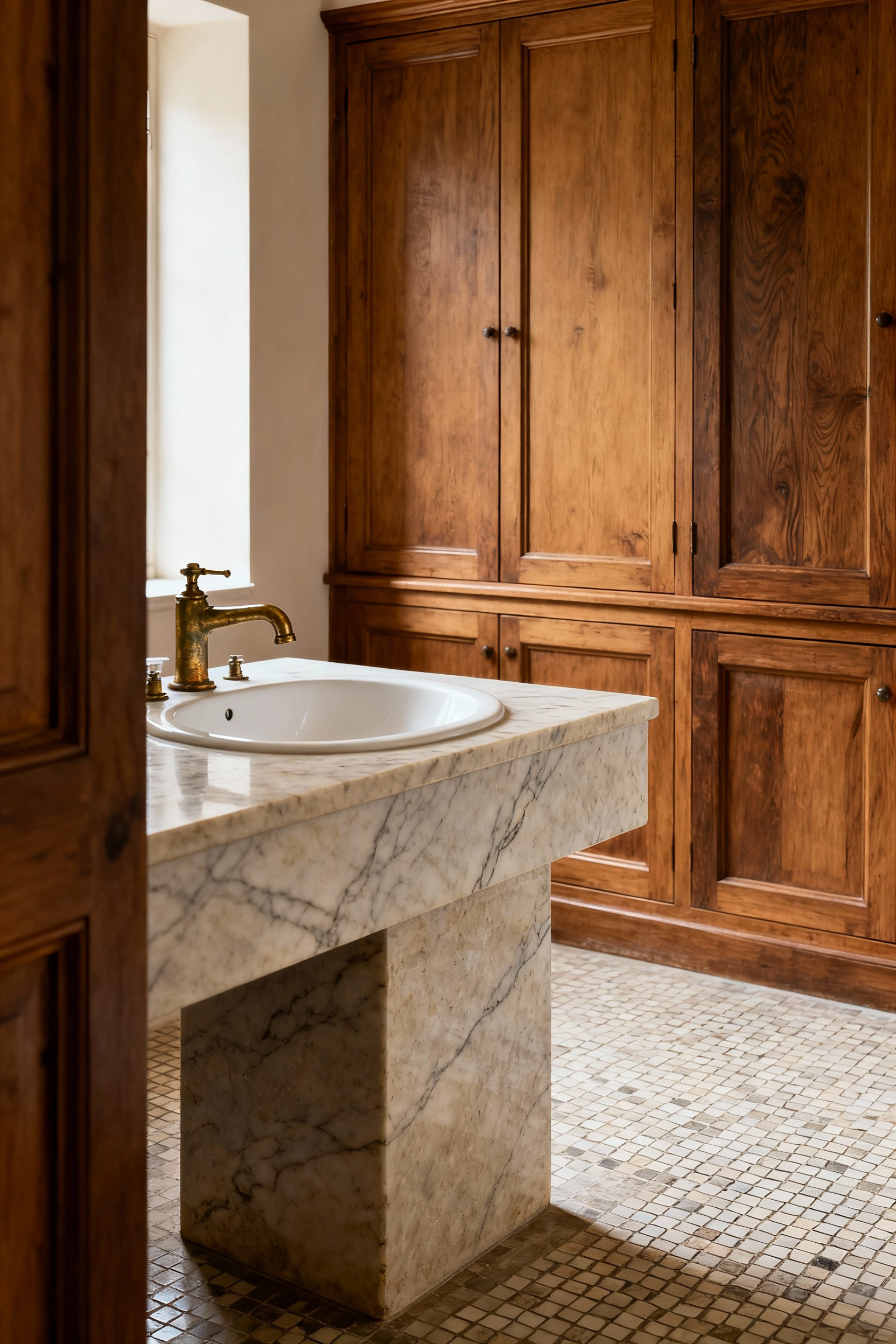 A meticulously designed traditional bathroom showcasing sustainable, long-lasting materials like natural stone vanity, solid brass fixtures, and classic vitrified ceramic tiles, illuminated by soft natural light to convey enduring quality and craftsmanship.