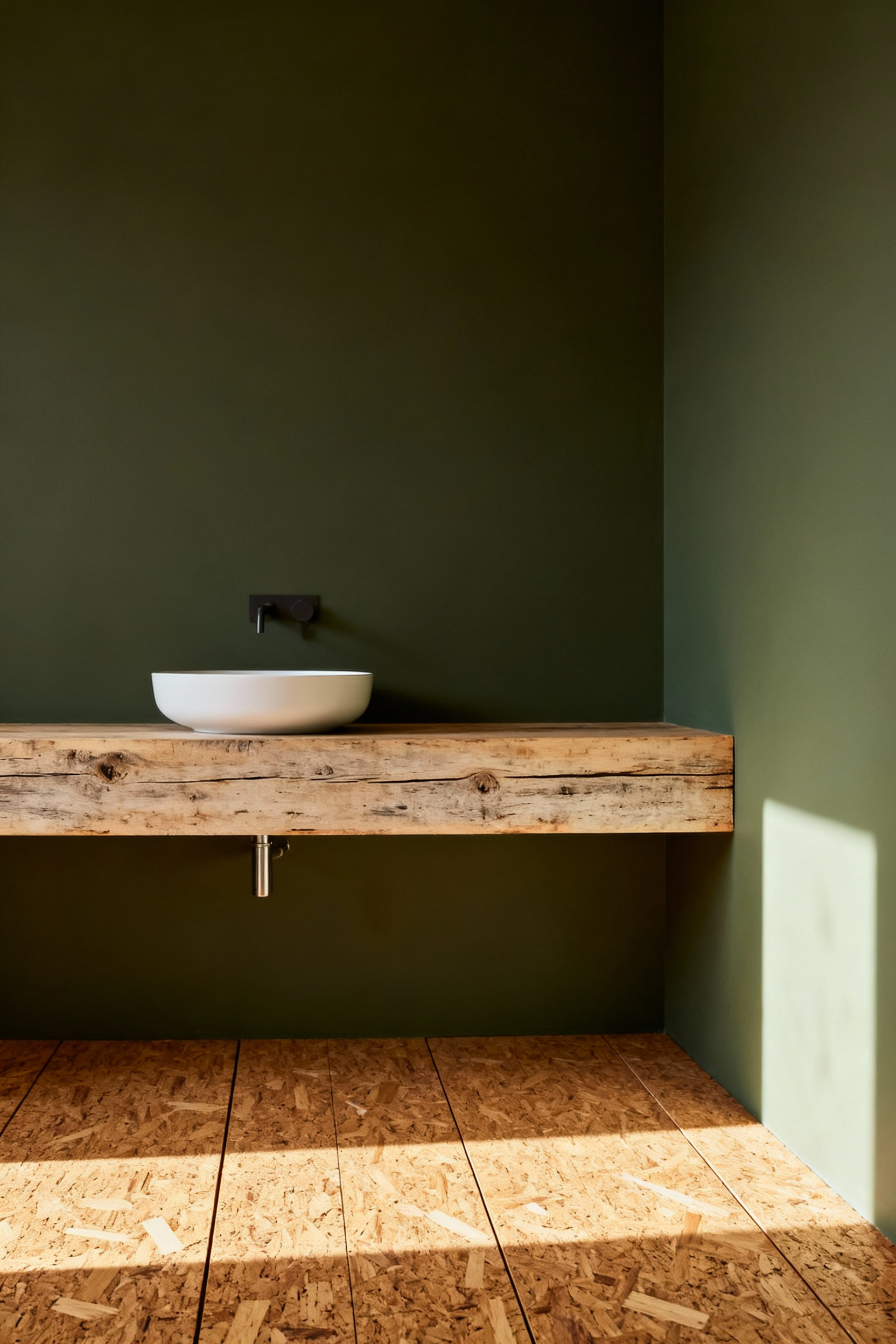 A serene bathroom featuring matte sage green walls and warm, carbon-negative cork flooring, creating a cozy and sustainable sanctuary.